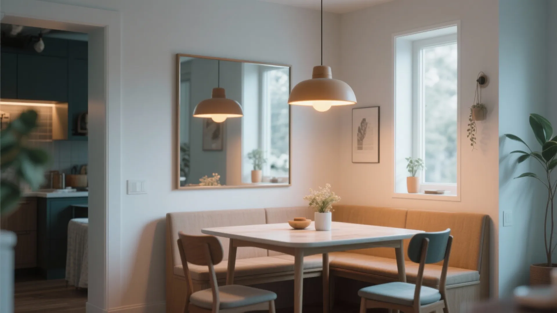 Small dining space with wall mirror reflecting pendant light