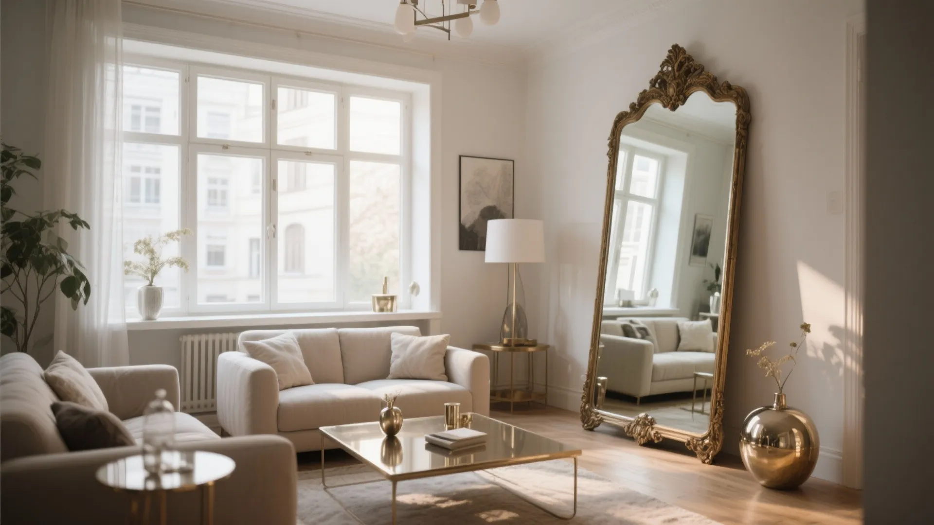 Modern living room features large gold mirror white sofas glass coffee table and bright windows