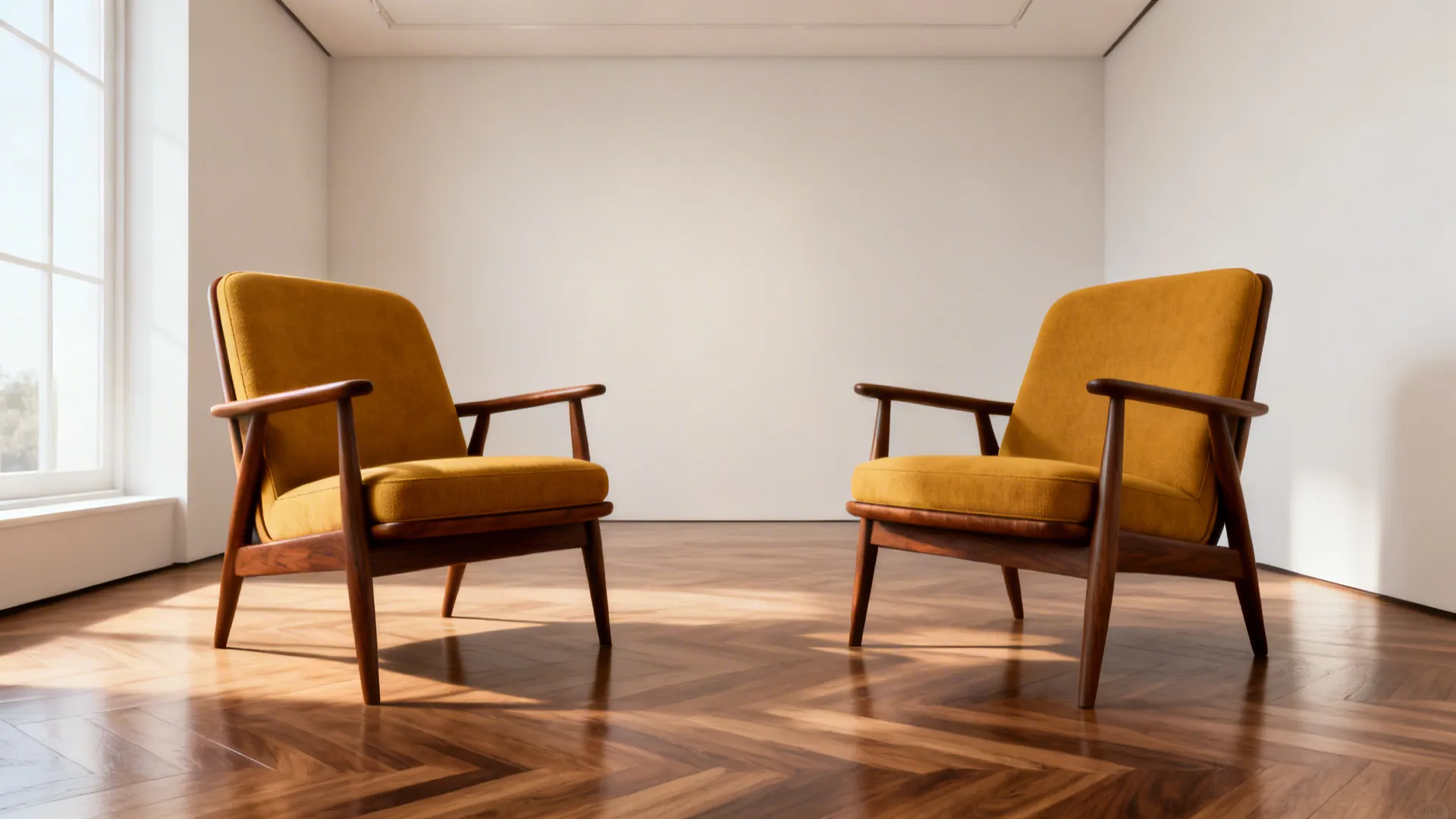 Pair of identical mid-century armchairs in walnut and mustard arranged symmetrically as a conversational nook.