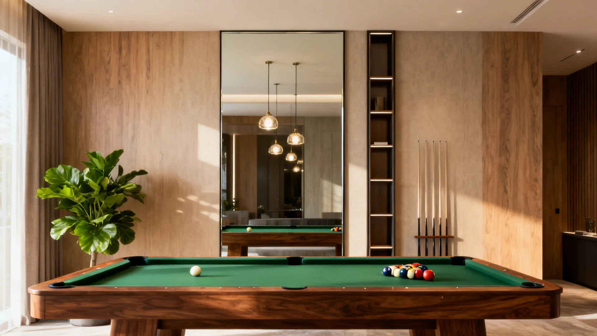 Pool table with a tall mirror panel behind it creating a sense of expanded space