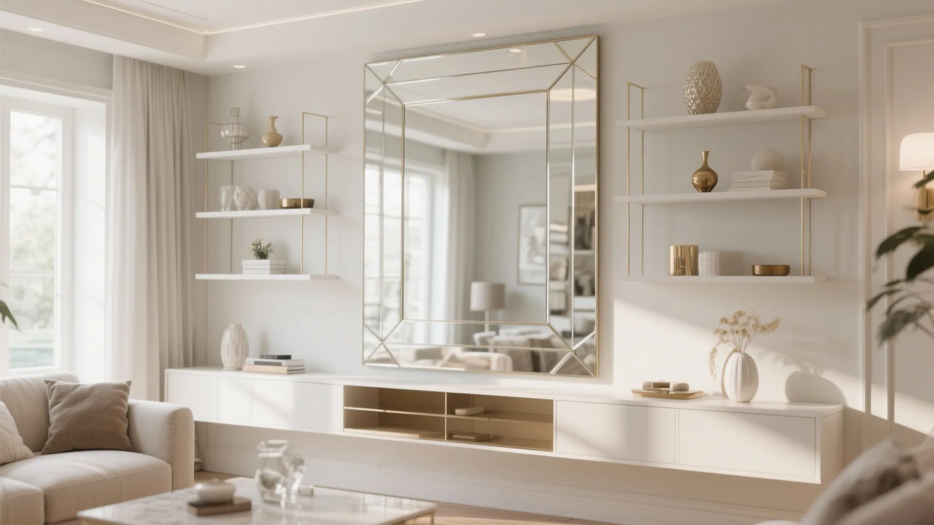 Modern white cabinet with a large square mirror surrounded by minimalist shelves and decorative gold vases