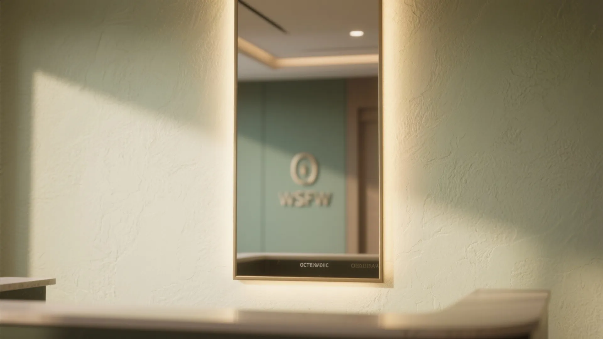 Modern rectangular mirror with warm backlighting mounted on a textured wall in a bright room