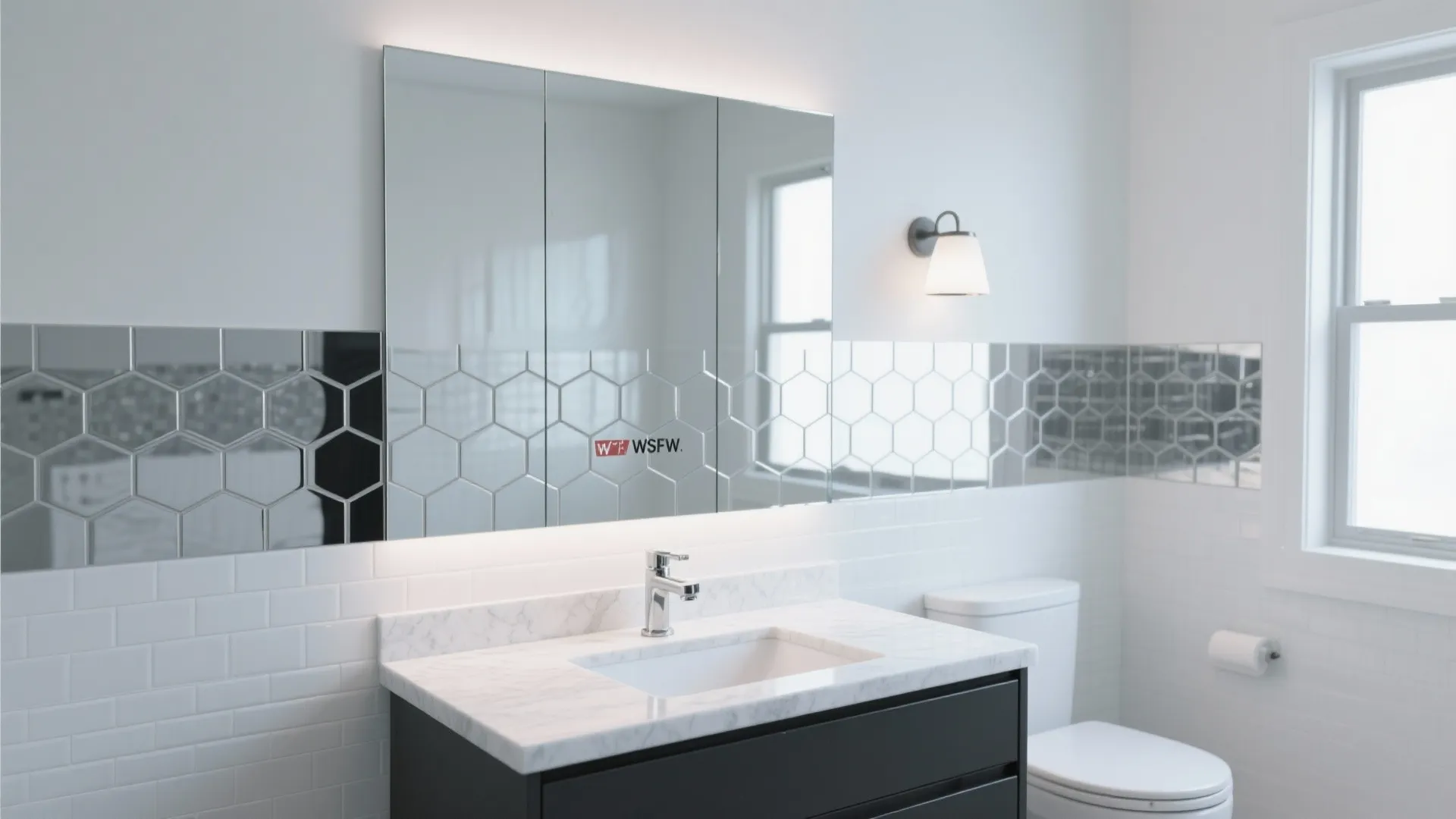 Modern bathroom vanity with black cabinet marble top mirror and hexagonal reflective wall tile pattern