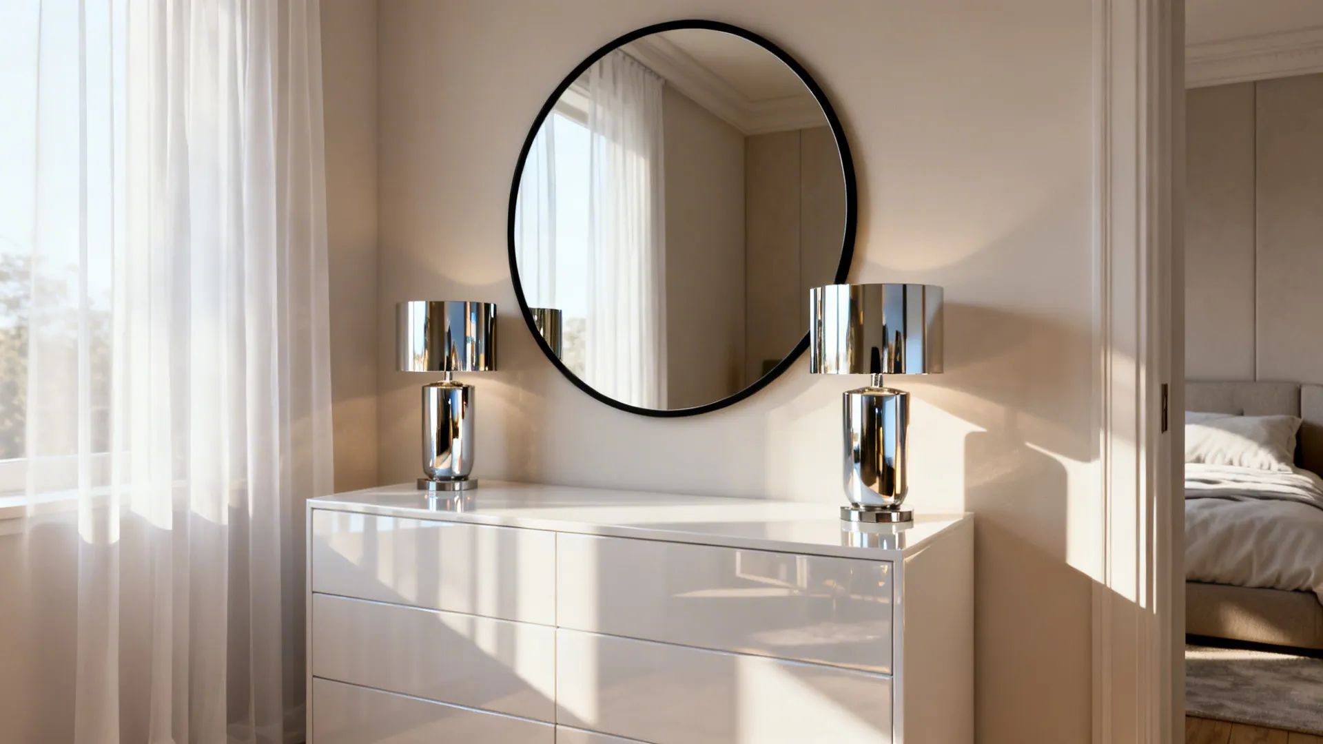 Round mirror with thin black frame and glossy accents reflecting light in a small monochrome bedroom.