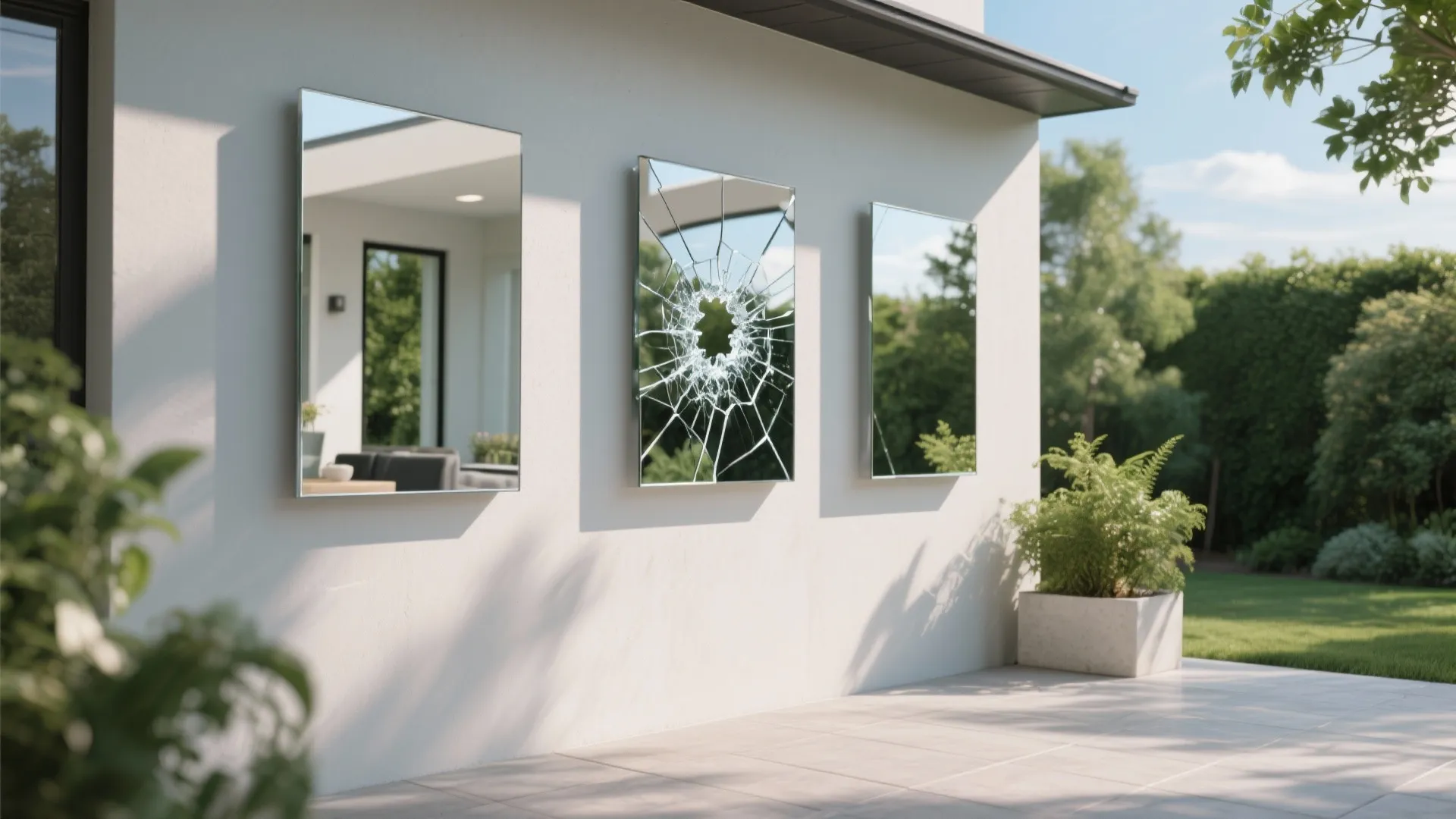 Three large rectangular mirrors hanging on a white outdoor wall including one with broken glass