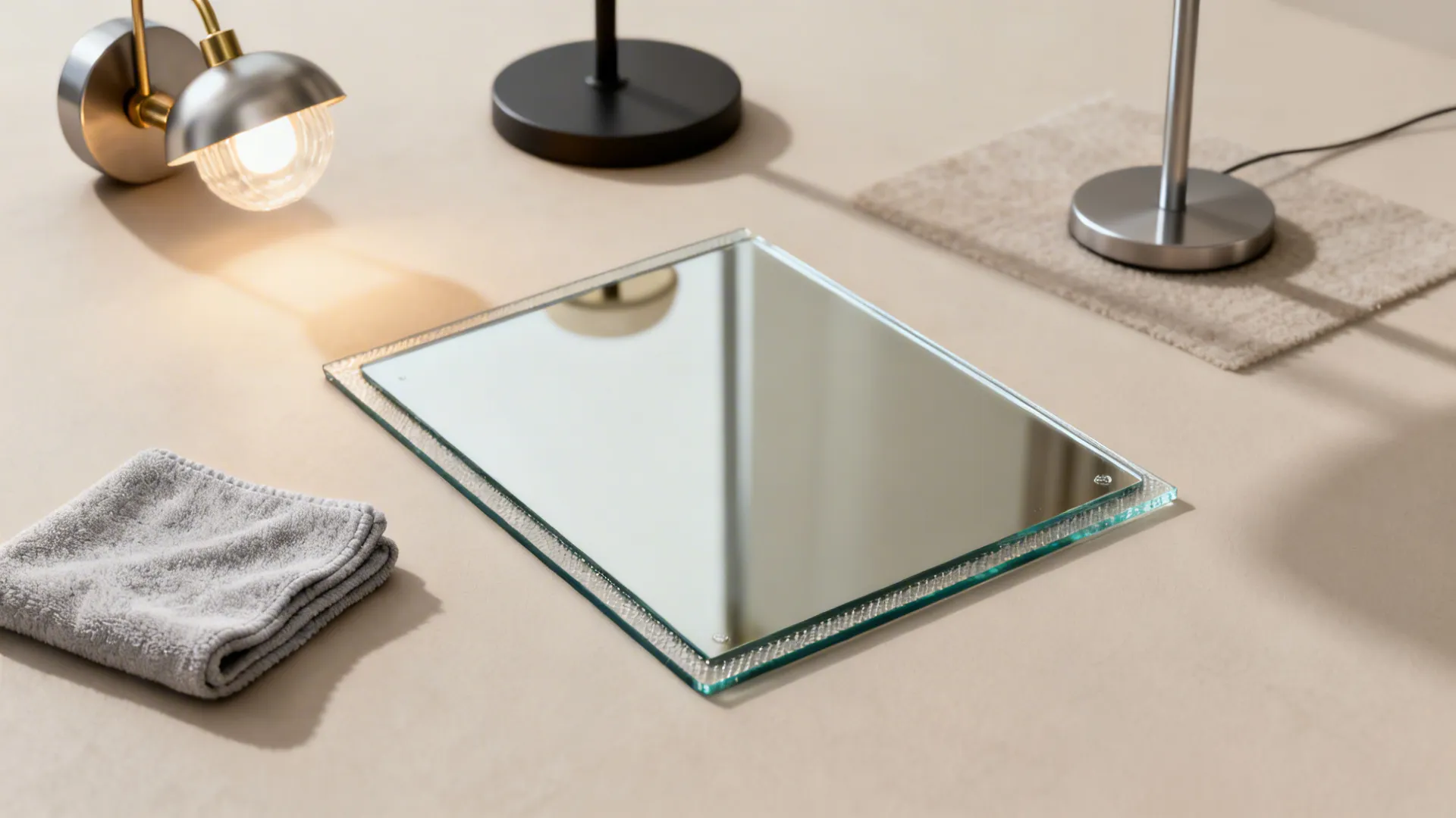 Flatlay showing layered lighting options and mirror safety accessories like anti-fog and safety-backed samples.