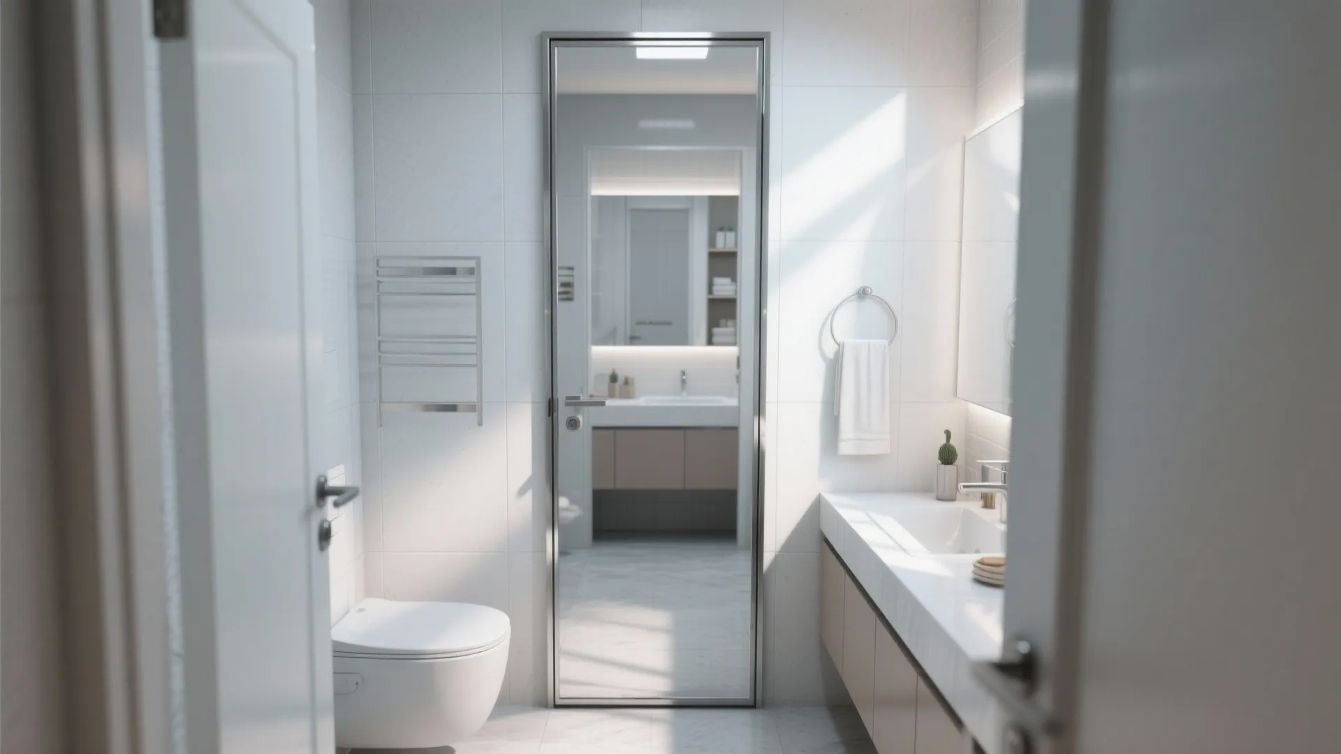 Bright white bathroom featuring a large mirror door vanity cabinet white toilet and towel ring