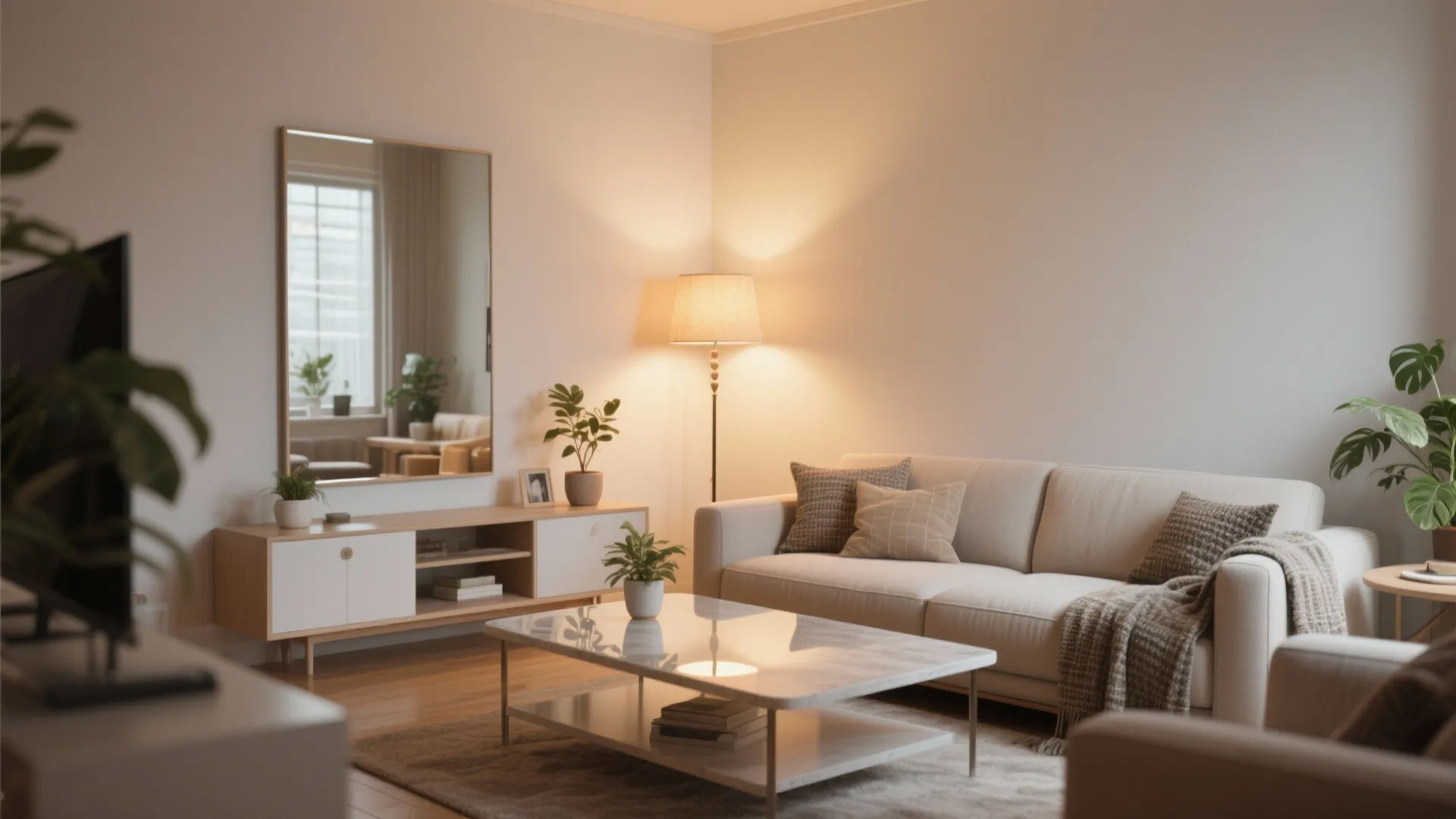 Cozy living room with beige sofa white cabinet large mirror floor light and green potted plants