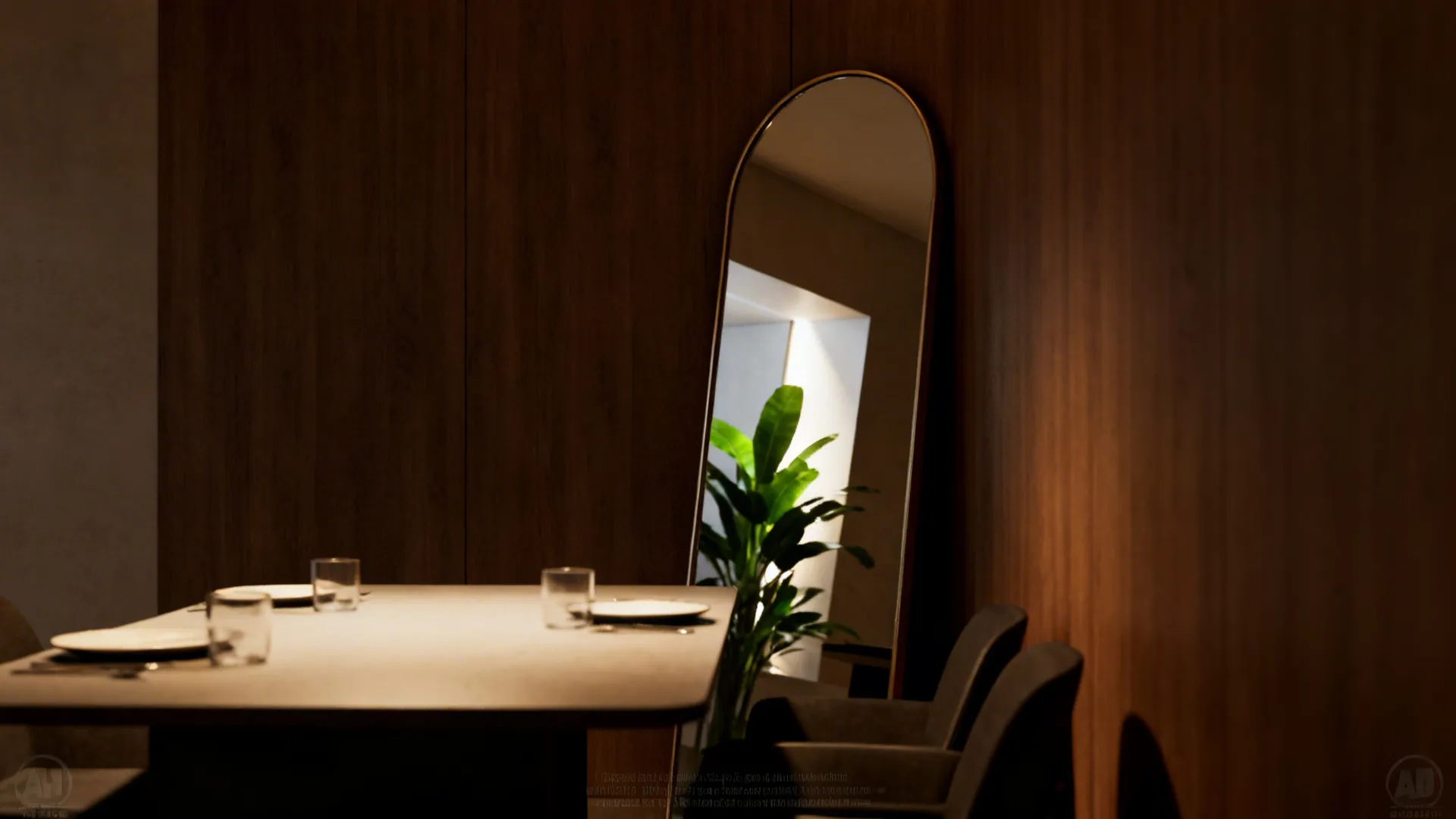 Tall arched mirror behind a dining table brightening and doubling perceived depth of the room.