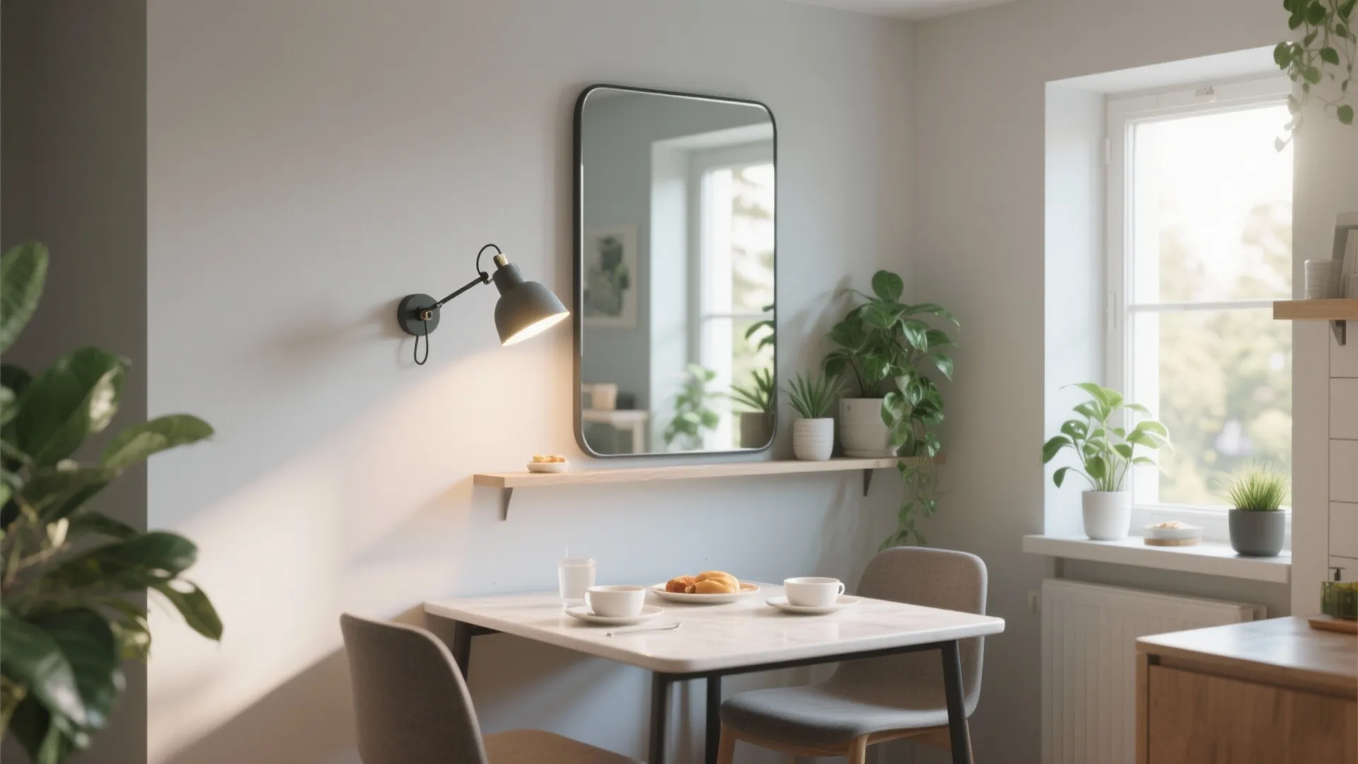 Small dining nook featuring a wall mirror wood shelf wall light and green potted plants