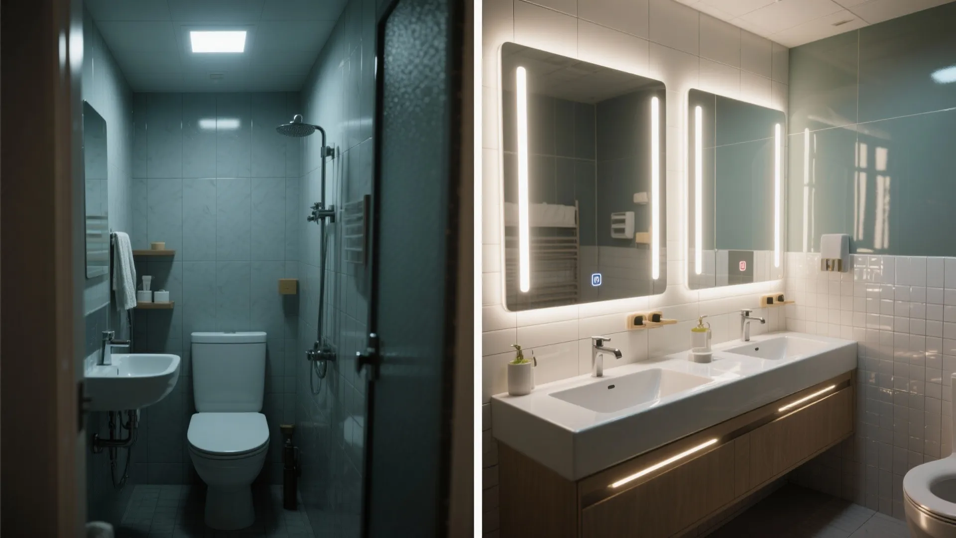 Before-and-after tiny bathroom with hidden LED strips behind the mirror amplifying brightness.
