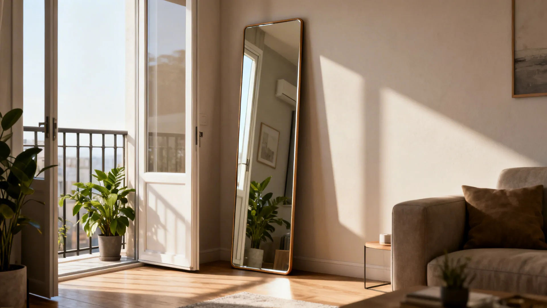 Narrow mirror opposite balcony door reflecting daylight and visually widening the small living room.