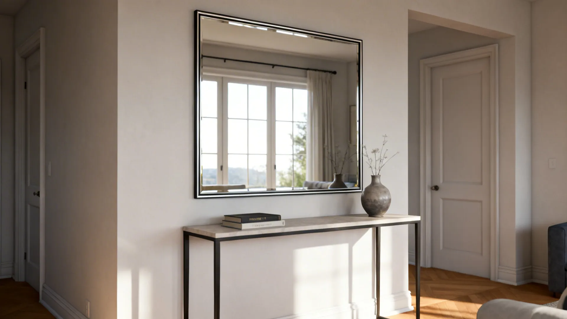 Large slim-framed mirror above a console reflecting daylight to visually expand a small living room.