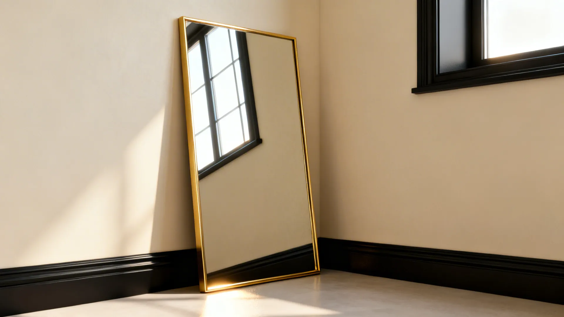 Large thin gold-framed mirror leaning against a cream wall reflecting daylight into the room.
