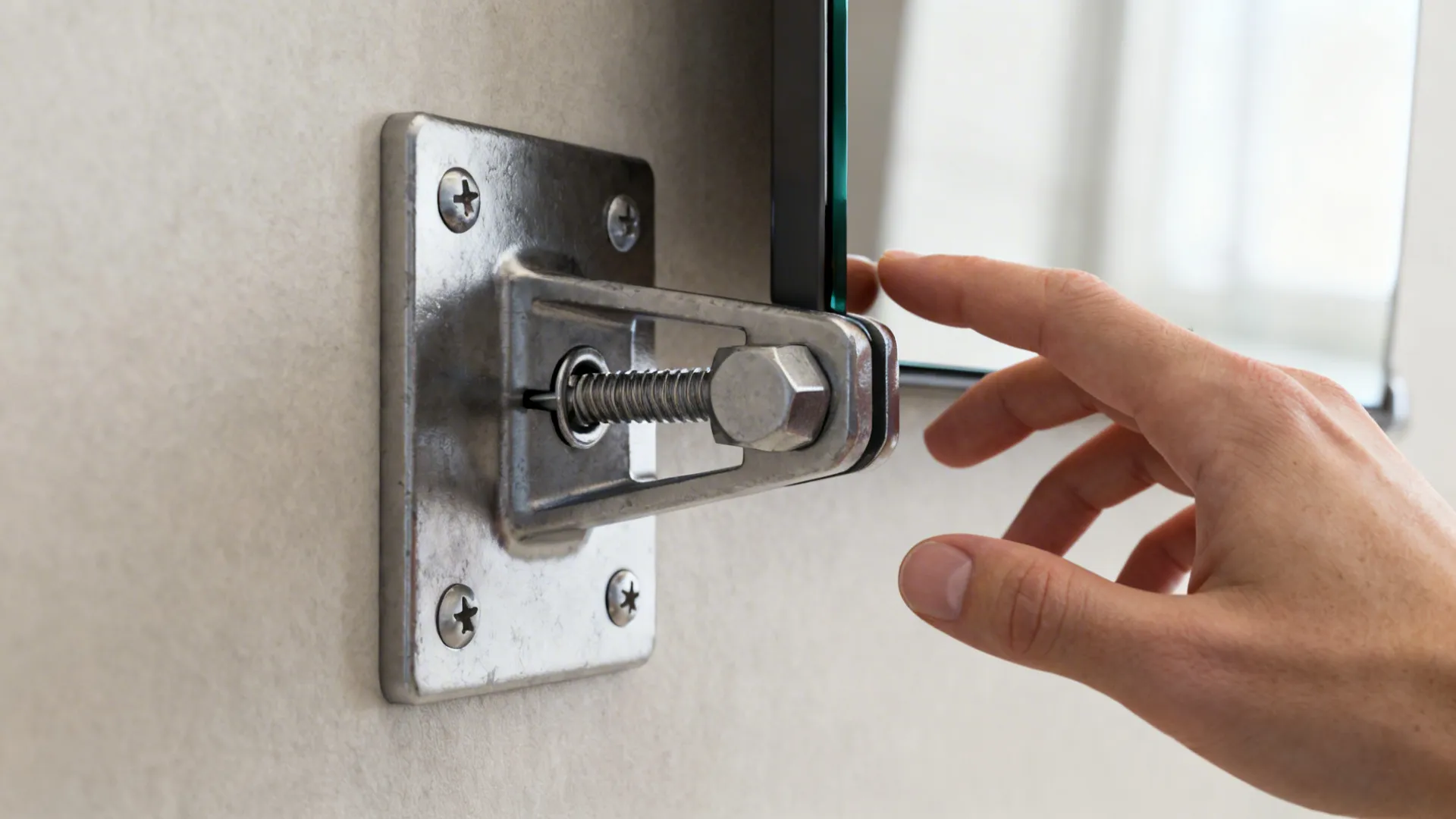 Close-up of a mirror mounting bracket and anchor showing safe installation for heavy mirrors