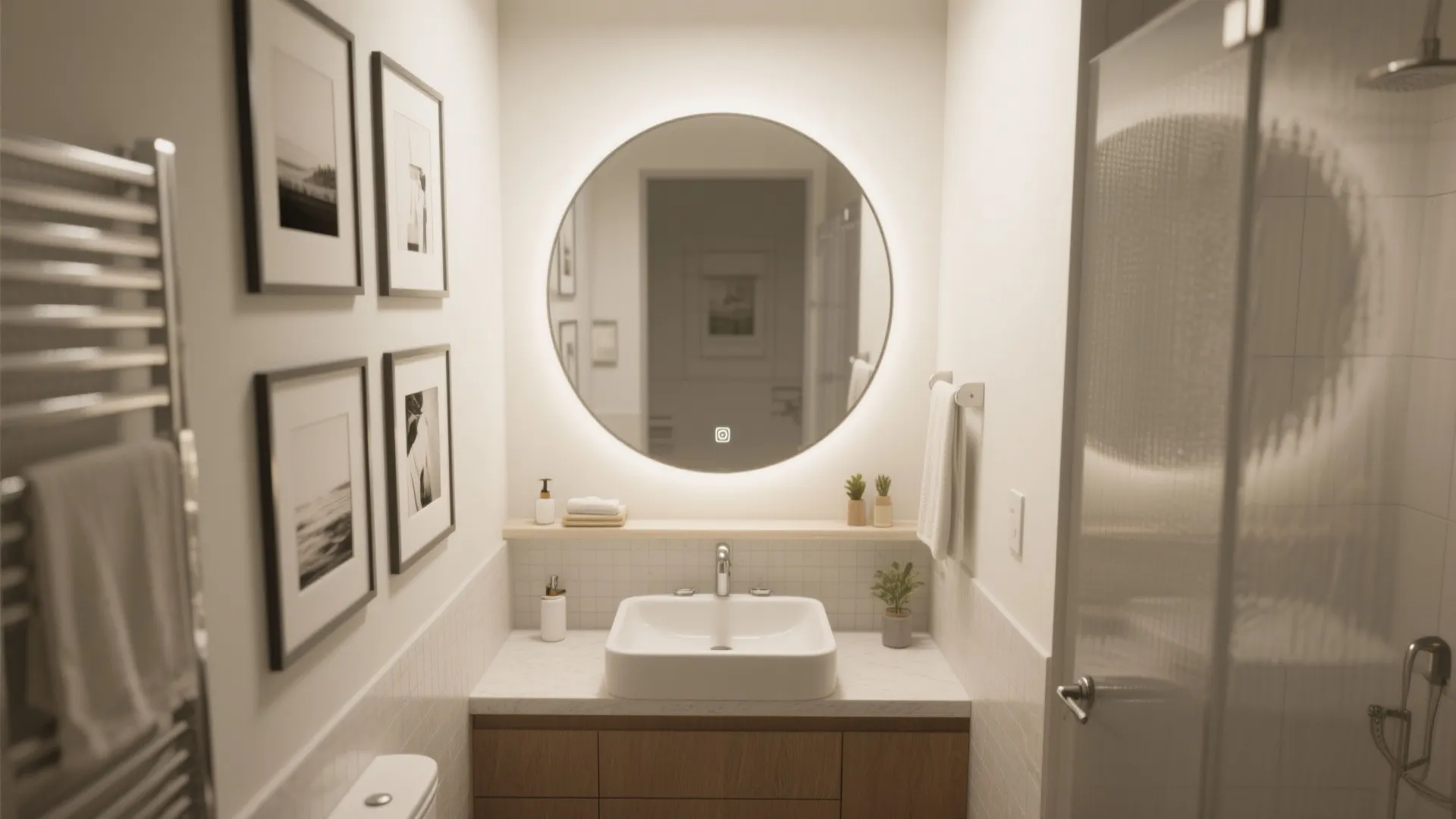 Round statement mirror and framed prints making a small bathroom feel wider and more considered.