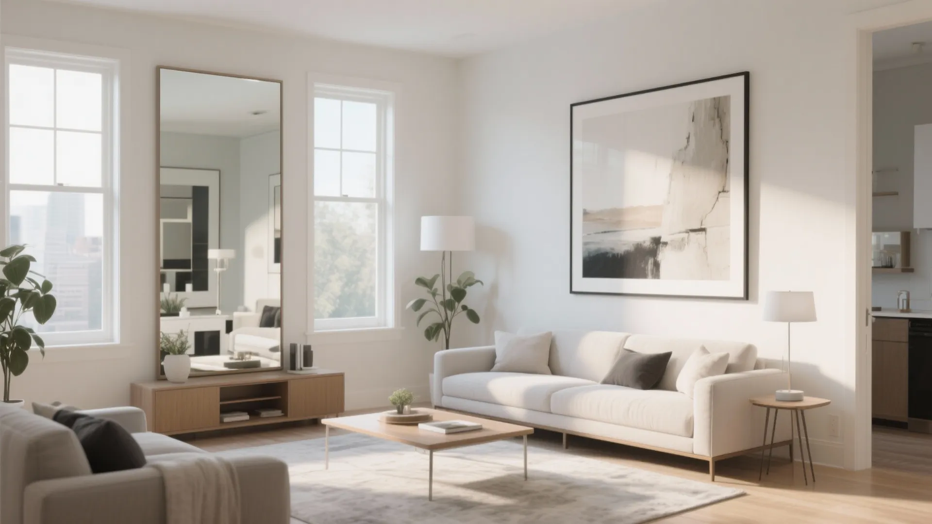 Bright living room with white sofa wooden coffee table large wall mirror artwork and floor lamp