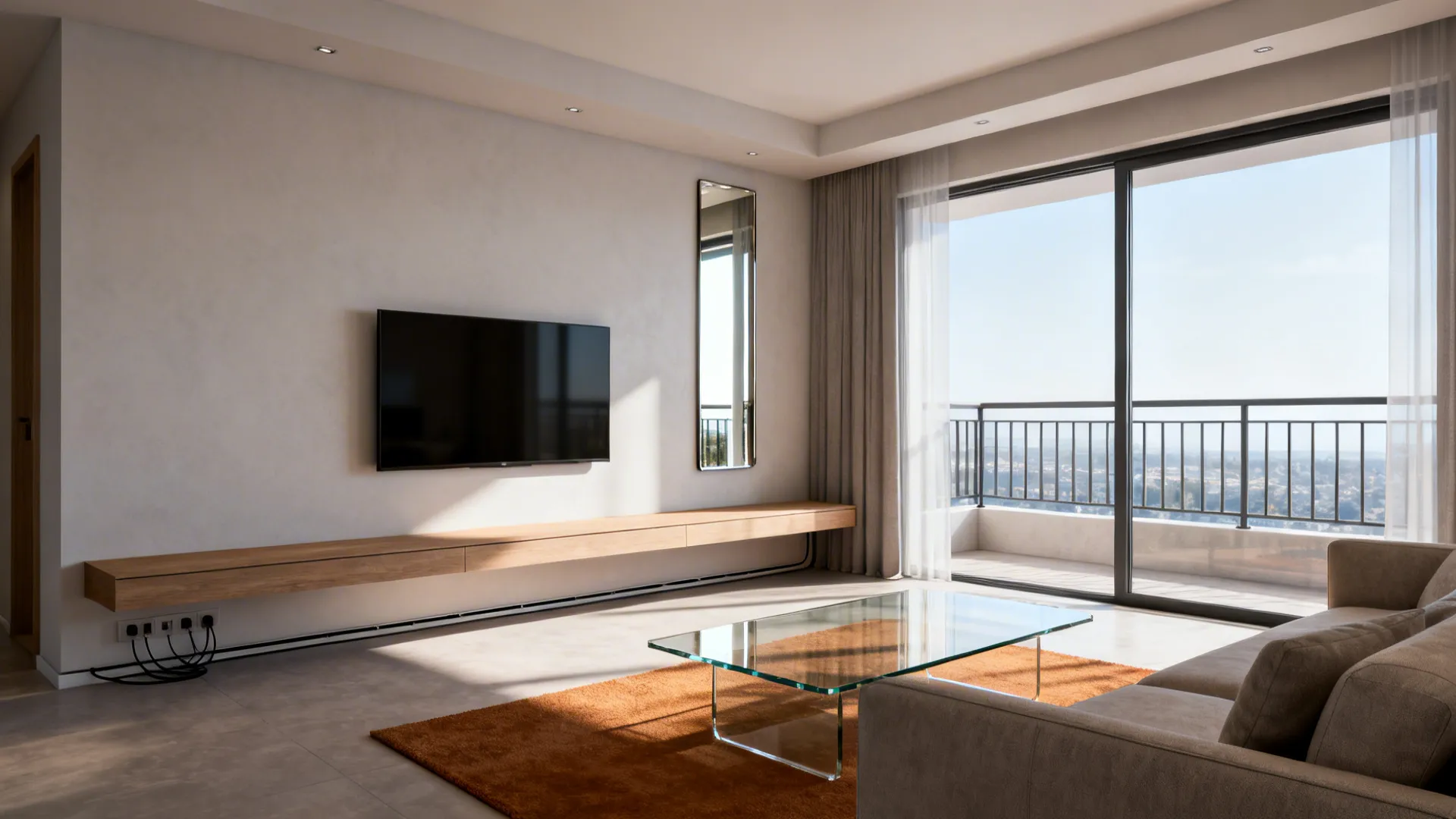 Living room with a floating console and a slim mirror opposite the window, increasing perceived depth.