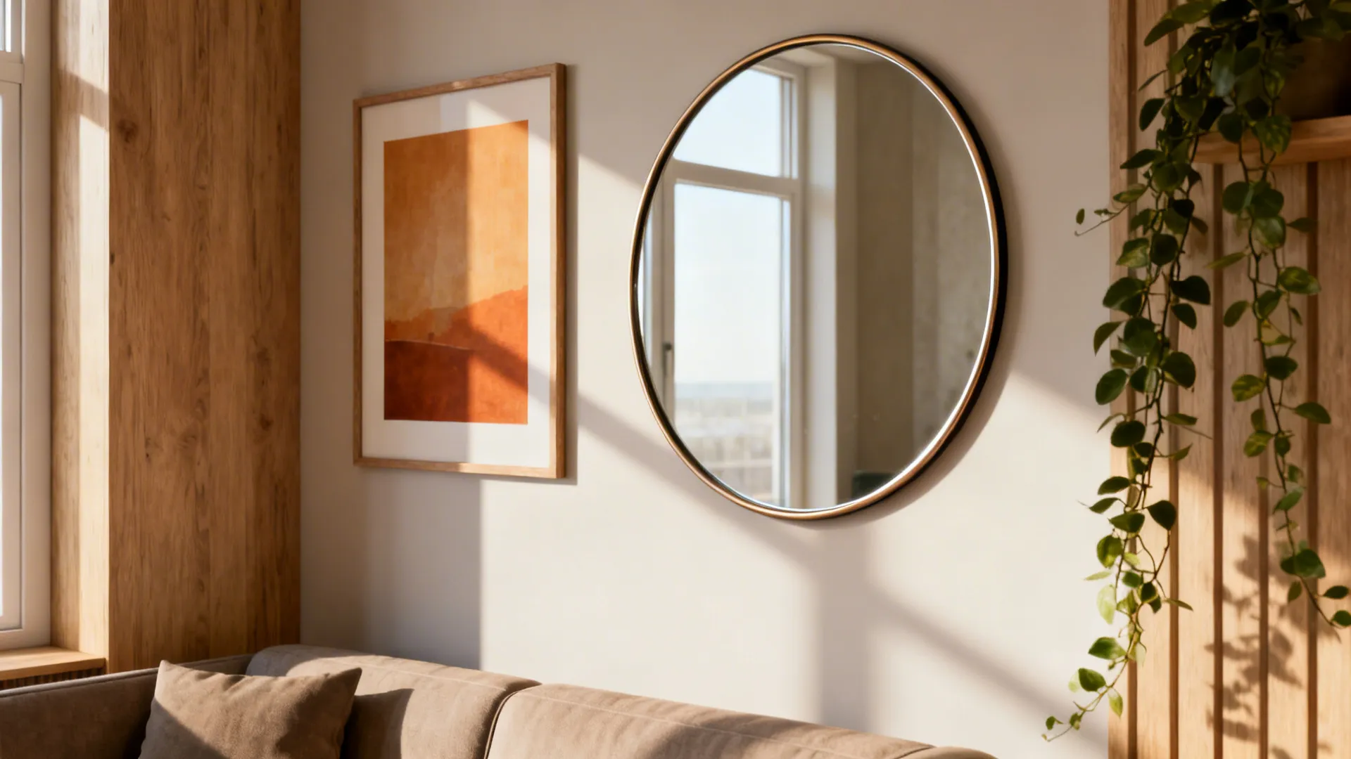 Medium mirror paired with a framed print in a small living room, reflecting daylight to add depth.