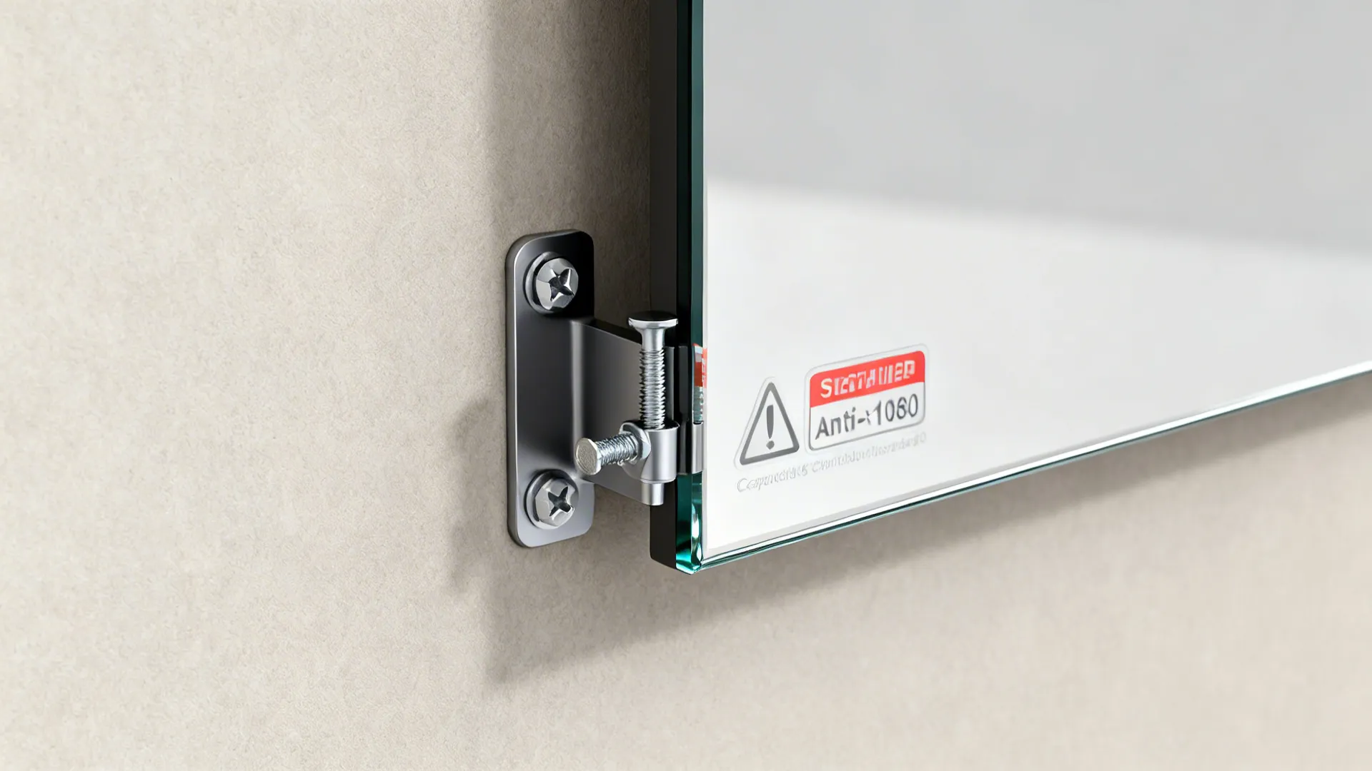 Close-up of mirror edge and anti-tip bracket showing secure anchoring hardware