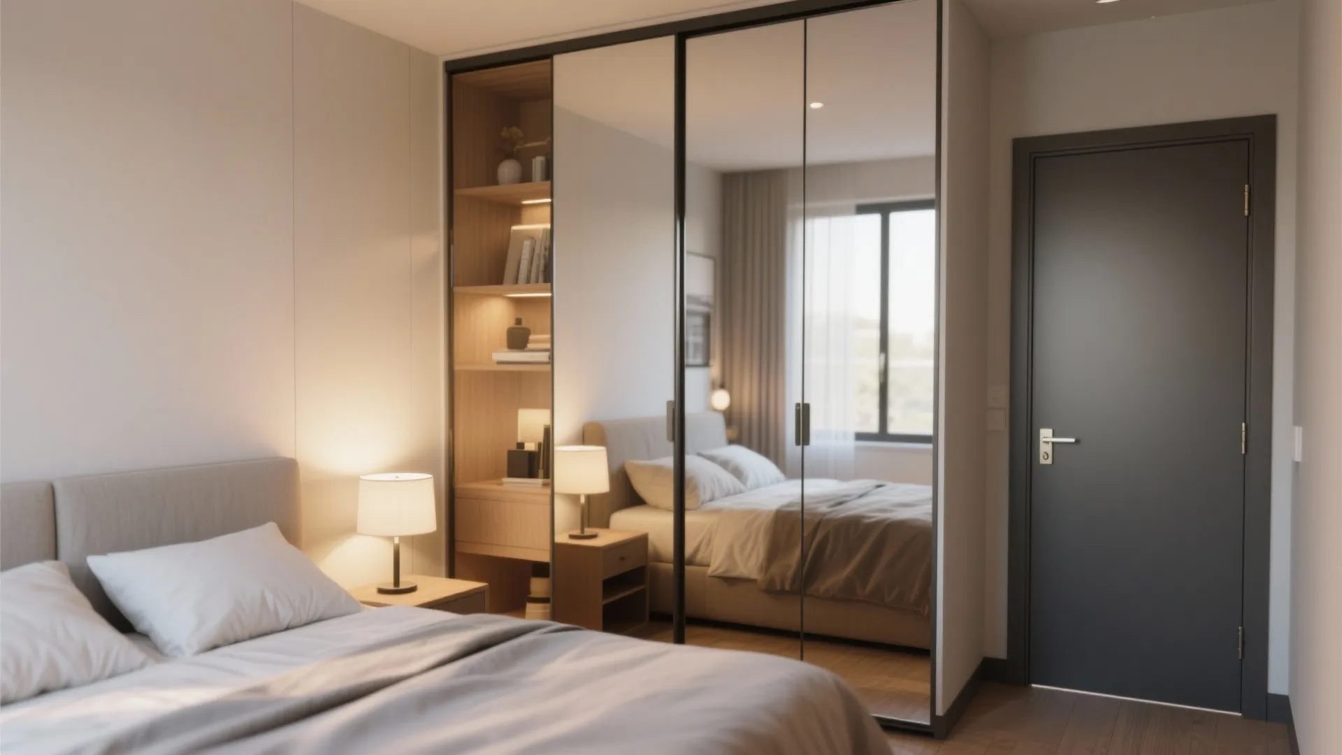 2. Mirror-front armoire to double the room