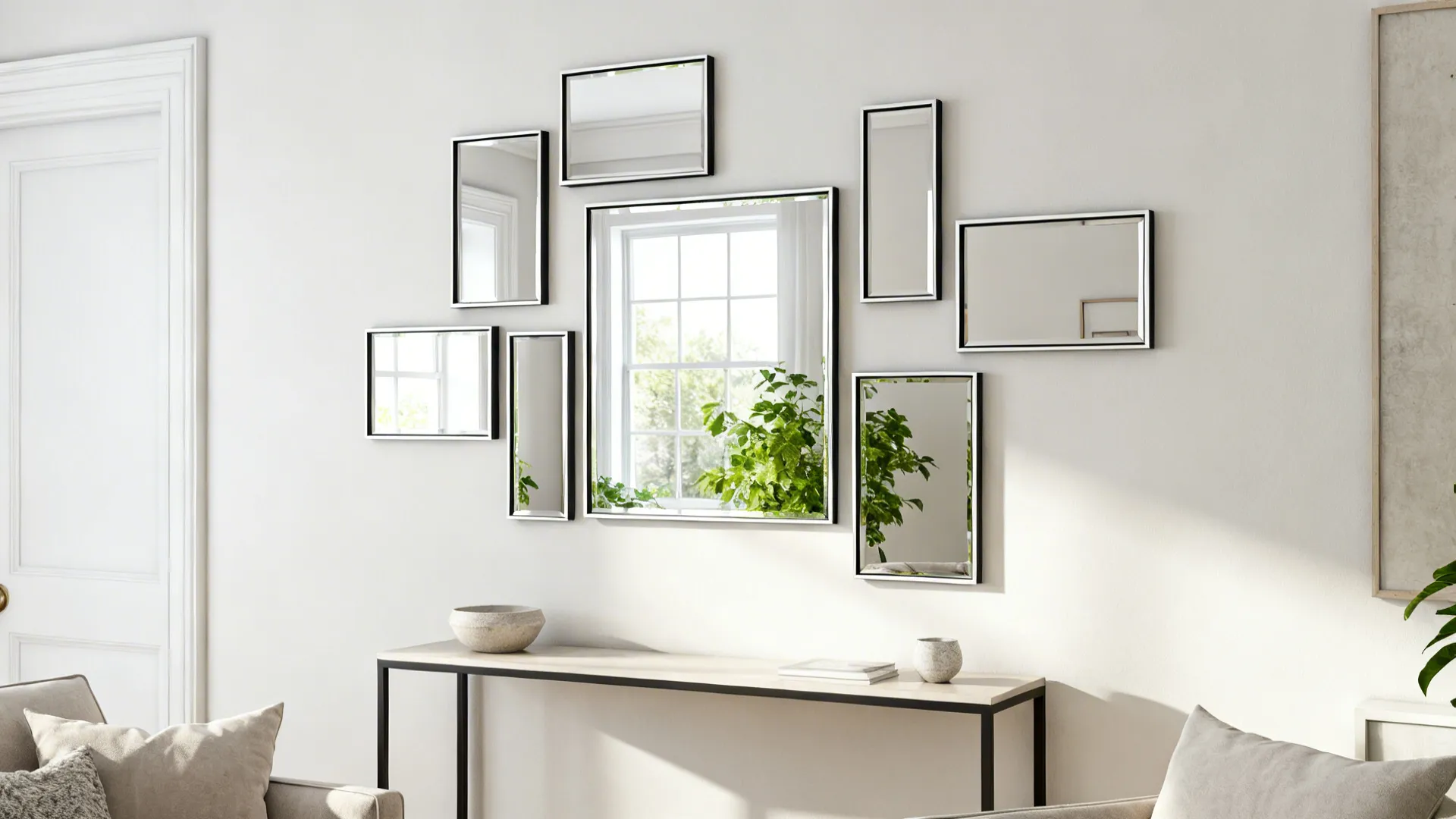 Constellation of thin-framed mirrors reflecting window light and greenery in a small living room