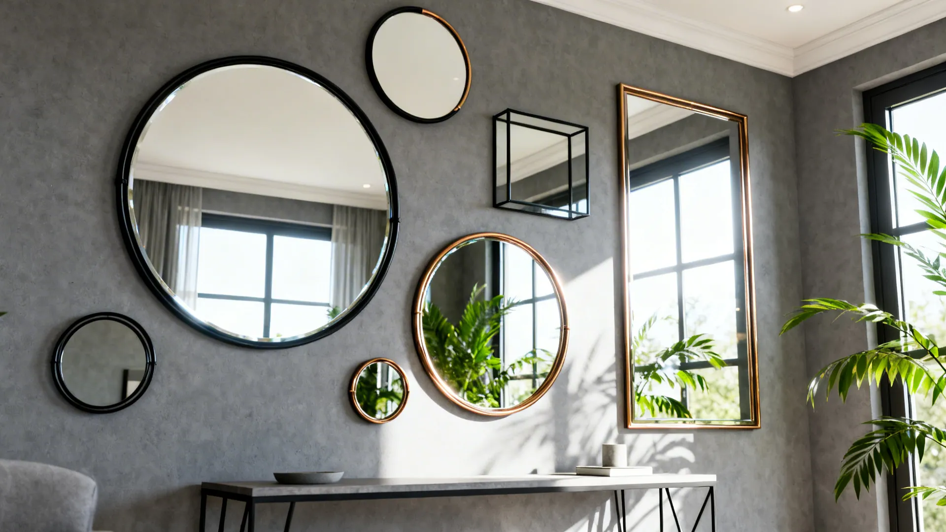 Grouped mirrors on a grey wall reflecting daylight to brighten the living room