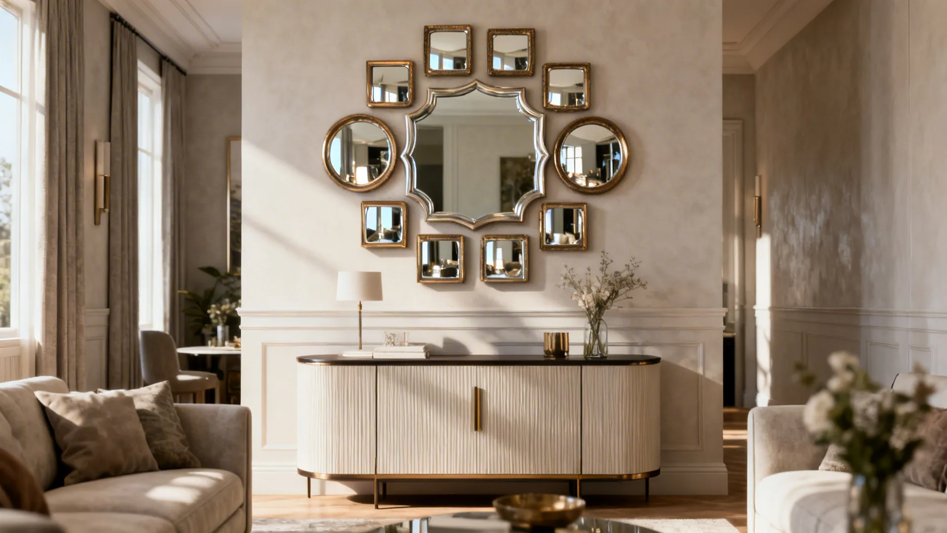 Living room console with clustered mirrors reflecting daylight to visually enlarge the space