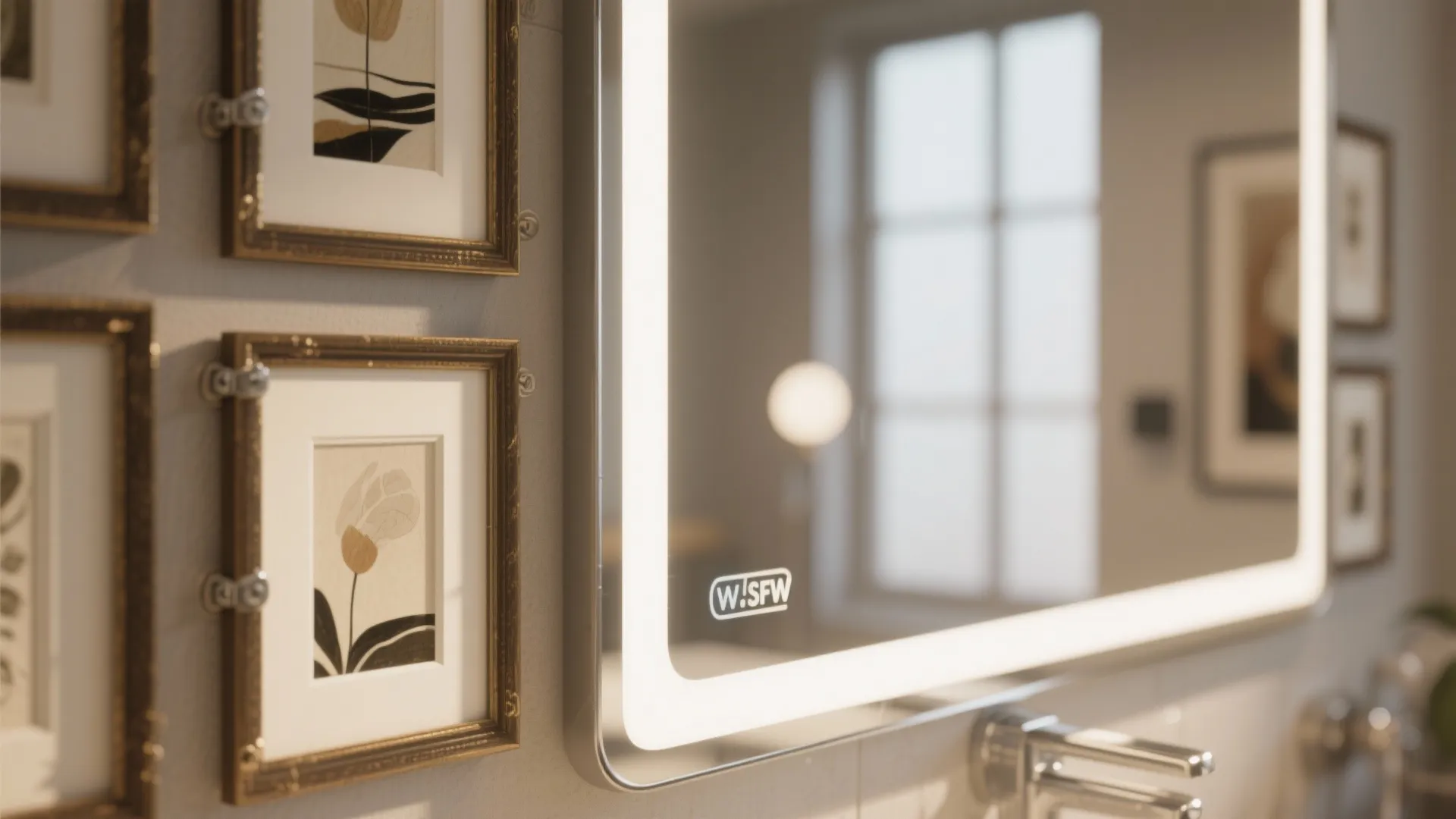 Close up of a lighted bathroom mirror with small framed flower pictures on the wall