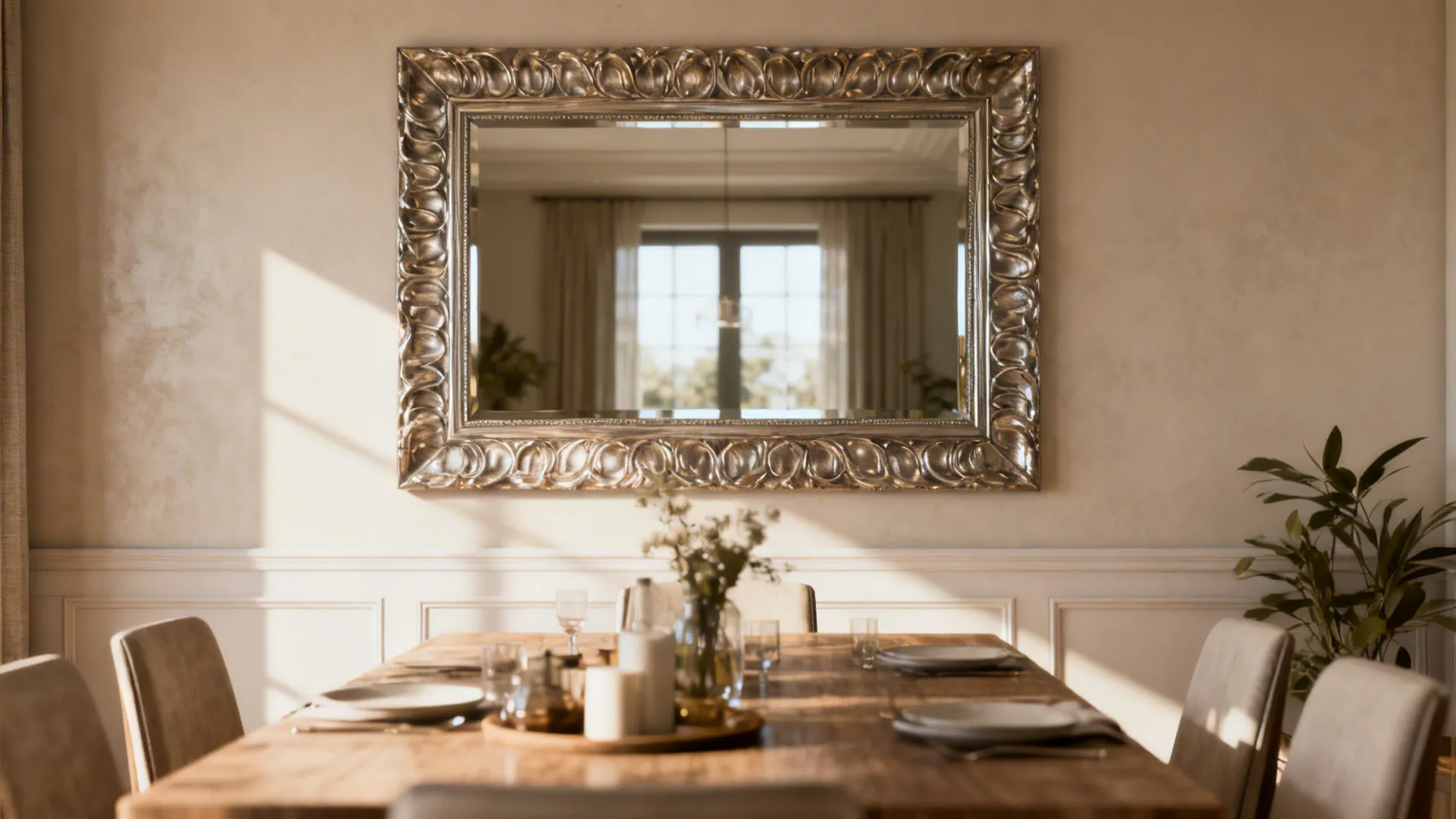 Dining area with a decorative mirror above the table reflecting light and adding depth