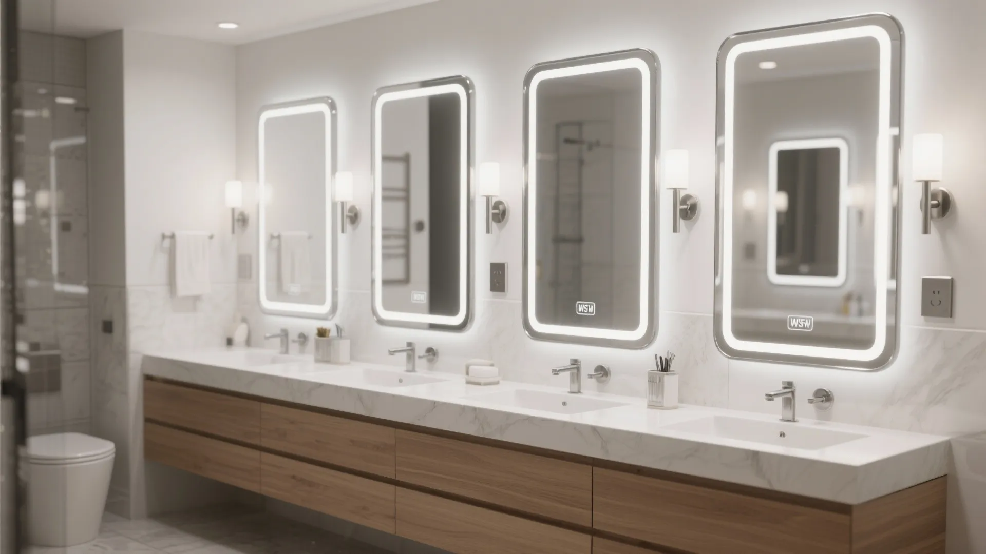 Modern bathroom with four lighted mirrors, four sinks, a long wooden cabinet, and wall lights