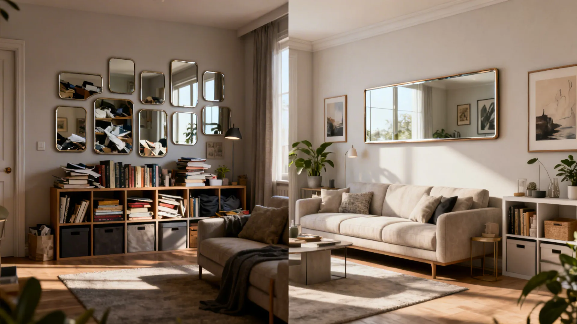 Before-and-after of mirror placement in a small living room showing cluttered reflections vs. a tidy, curated arrangement.