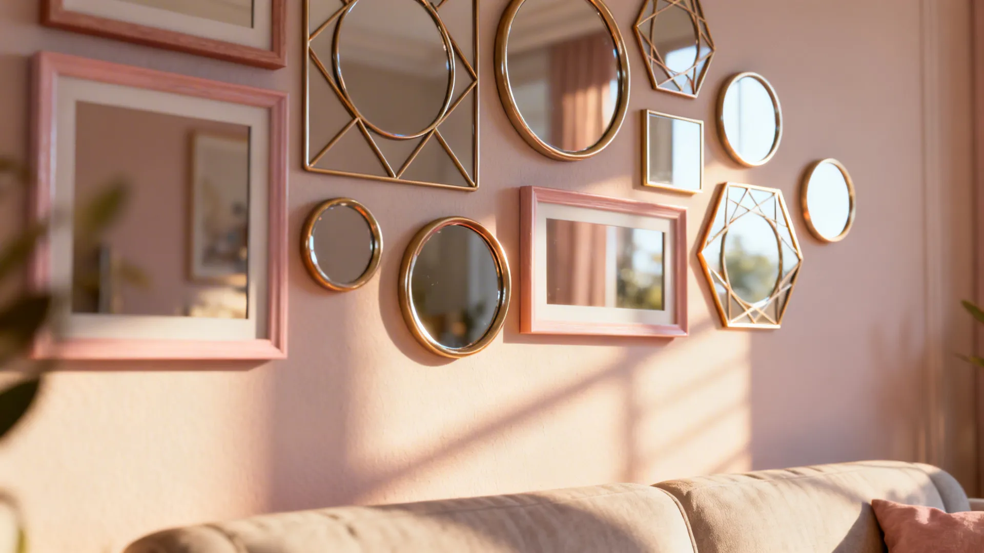 Cluster of small decorative mirrors arranged above a sofa scattering light and creating a focal point