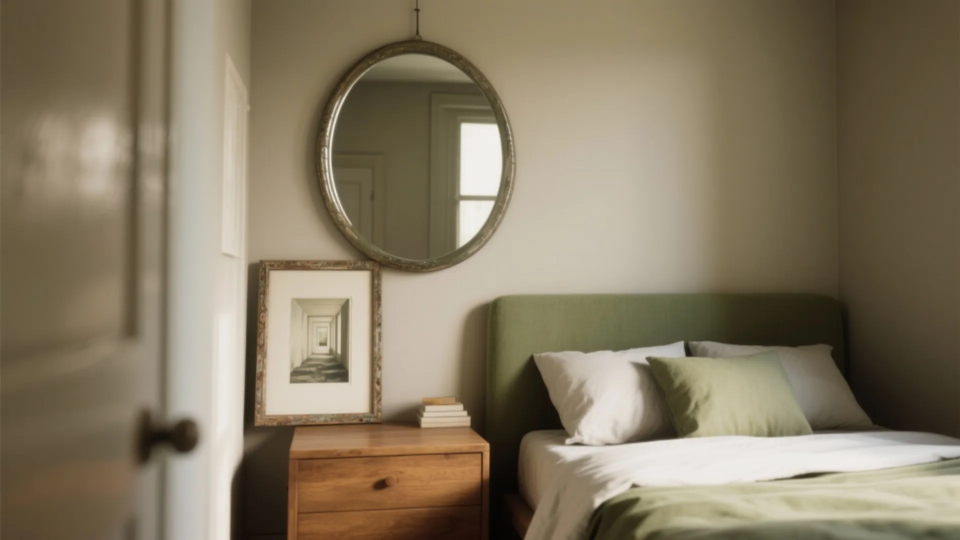 Modern bedroom with green headboard wooden bedside table round wall mirror and framed art piece