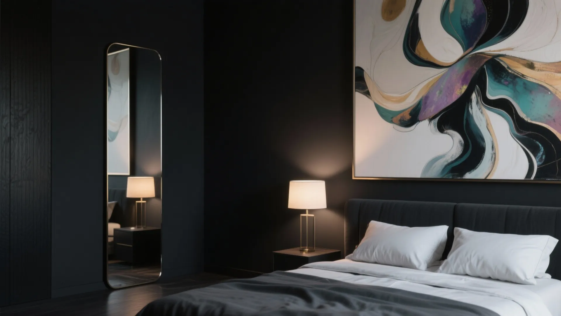 Modern dark bedroom with tall mirror reflecting light table and large colorful wall art piece
