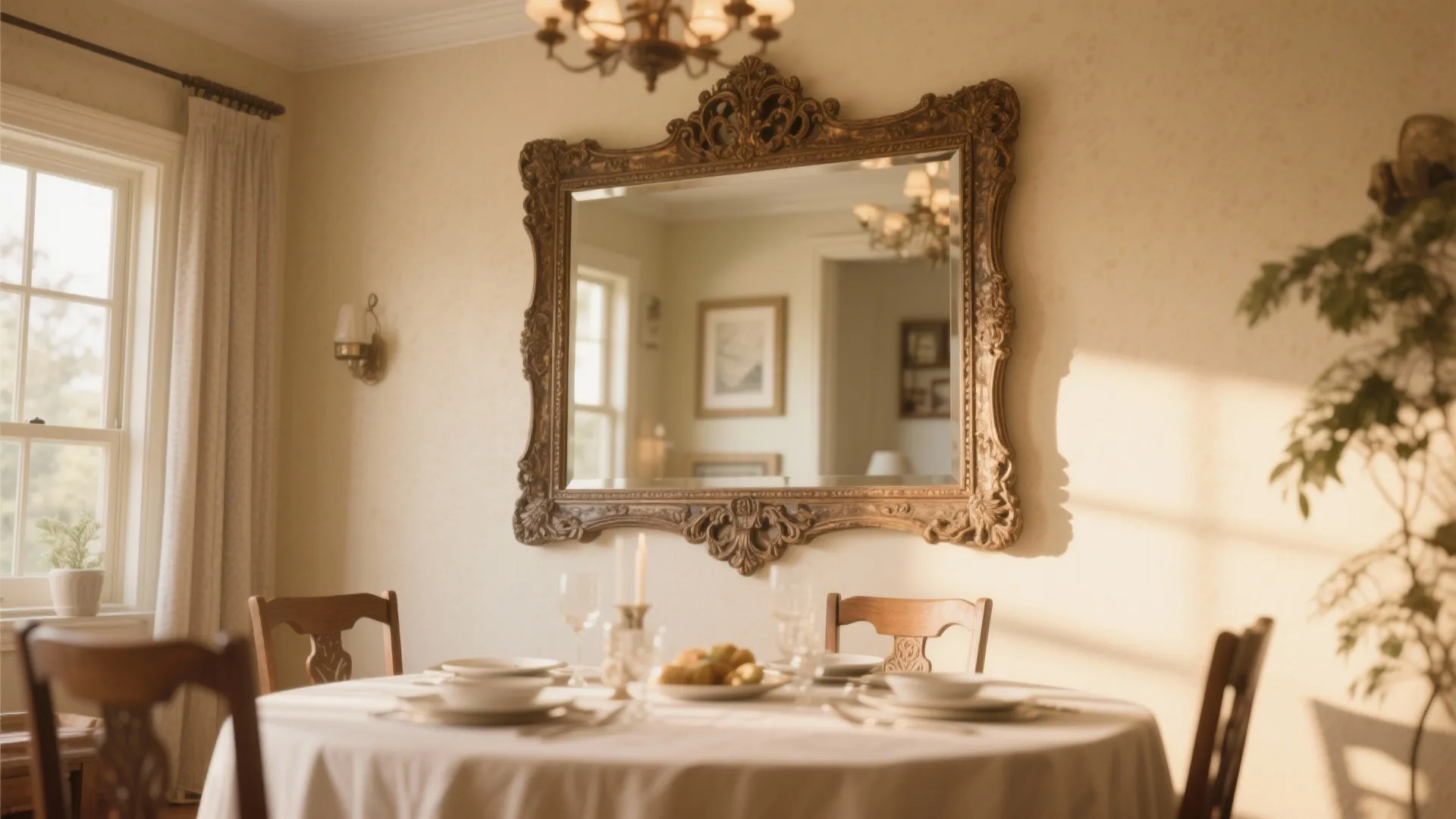 Traditional dining room with large carved wall mirror above table and warm light from window