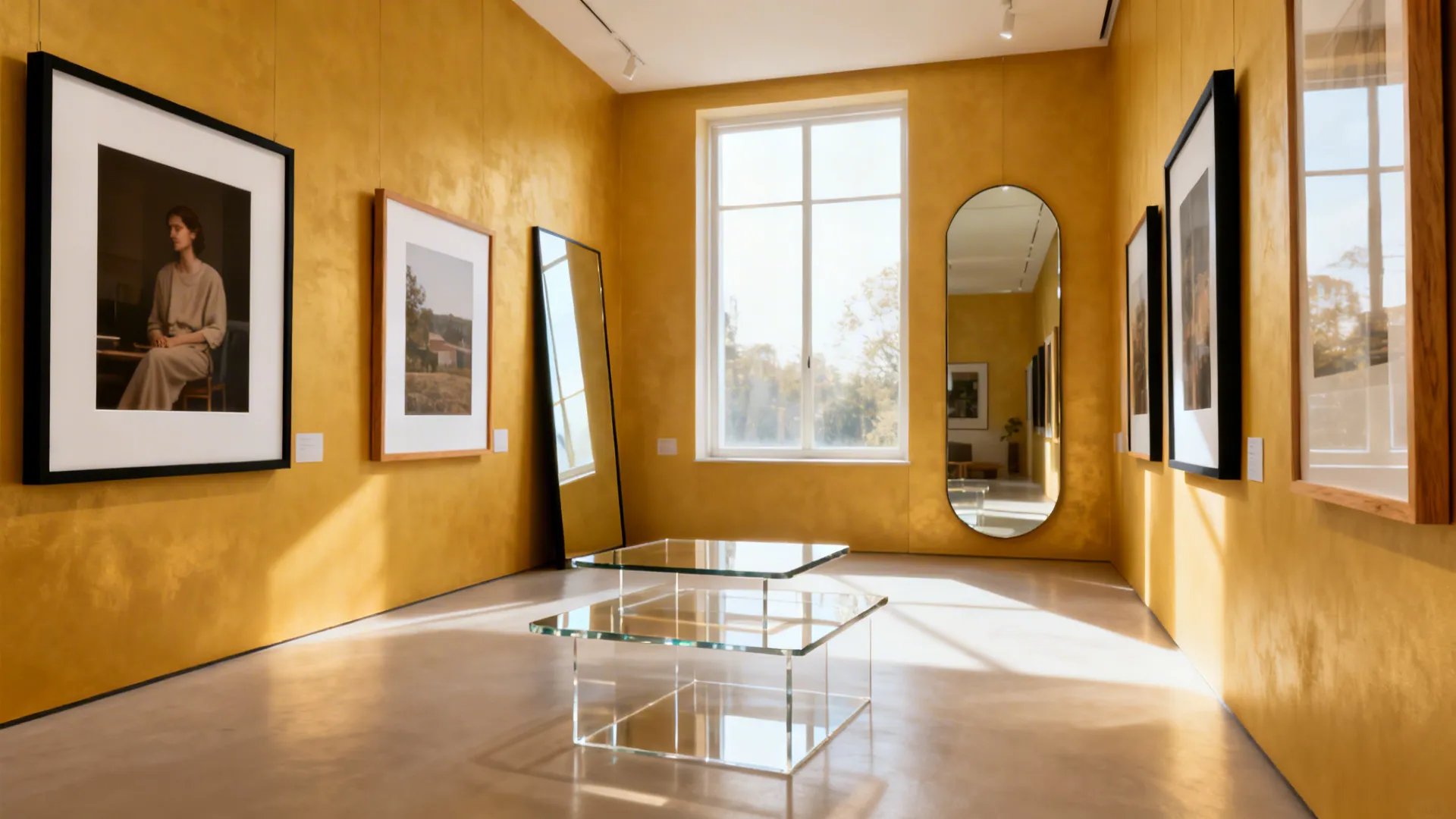 Yellow-walled room with a large gallery mirror, float-mounted art with white mats, and acrylic nesting tables.