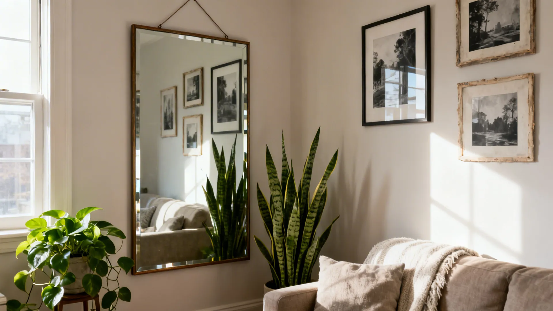 Corner with a large mirror, black-and-white art in thrifted frames, and snake plant and pothos.