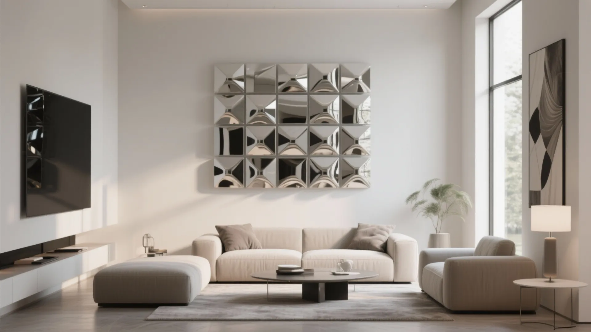 Living room with mirrored art grid installation