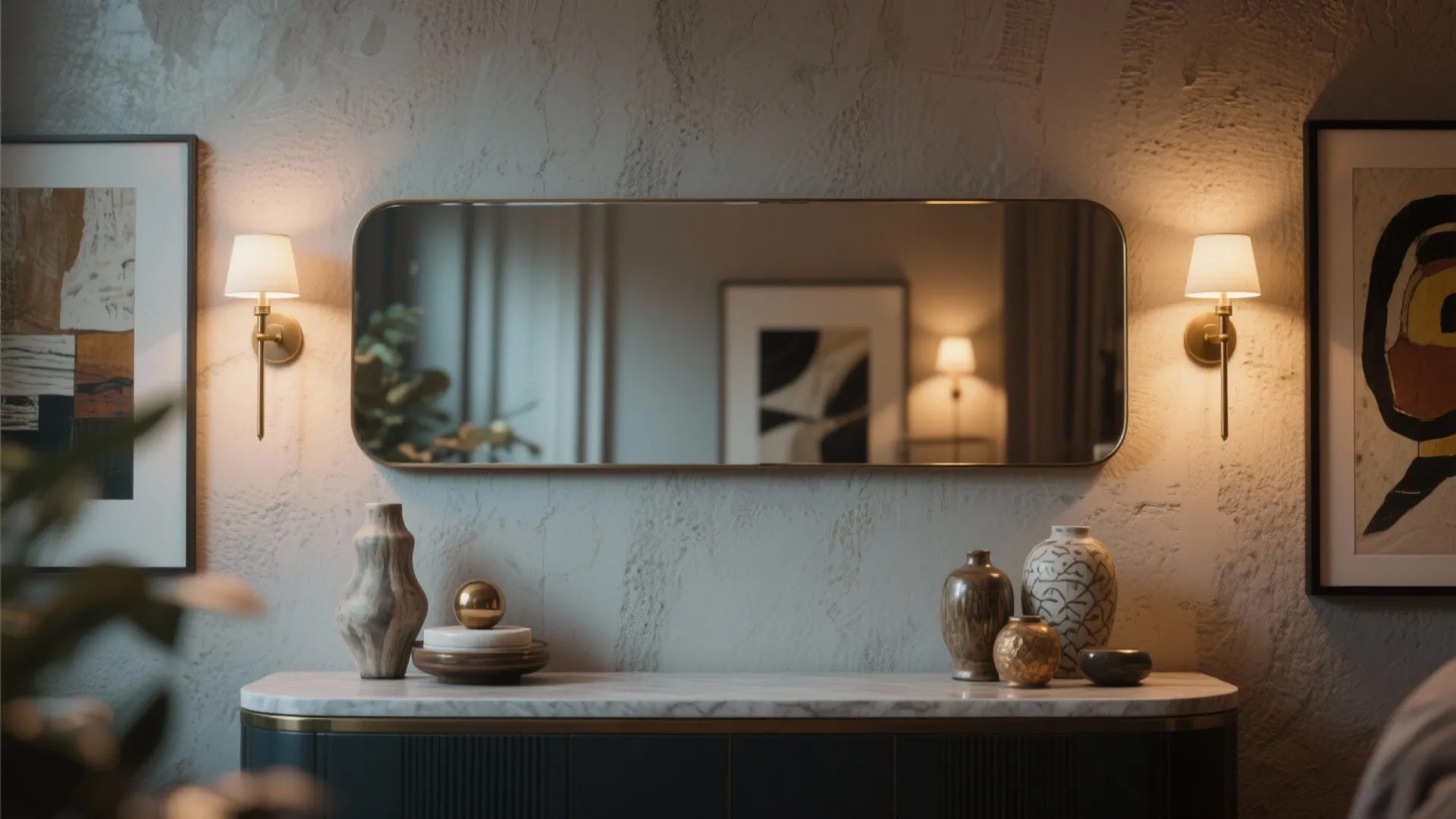 4. Mirrors paired with art and lighting