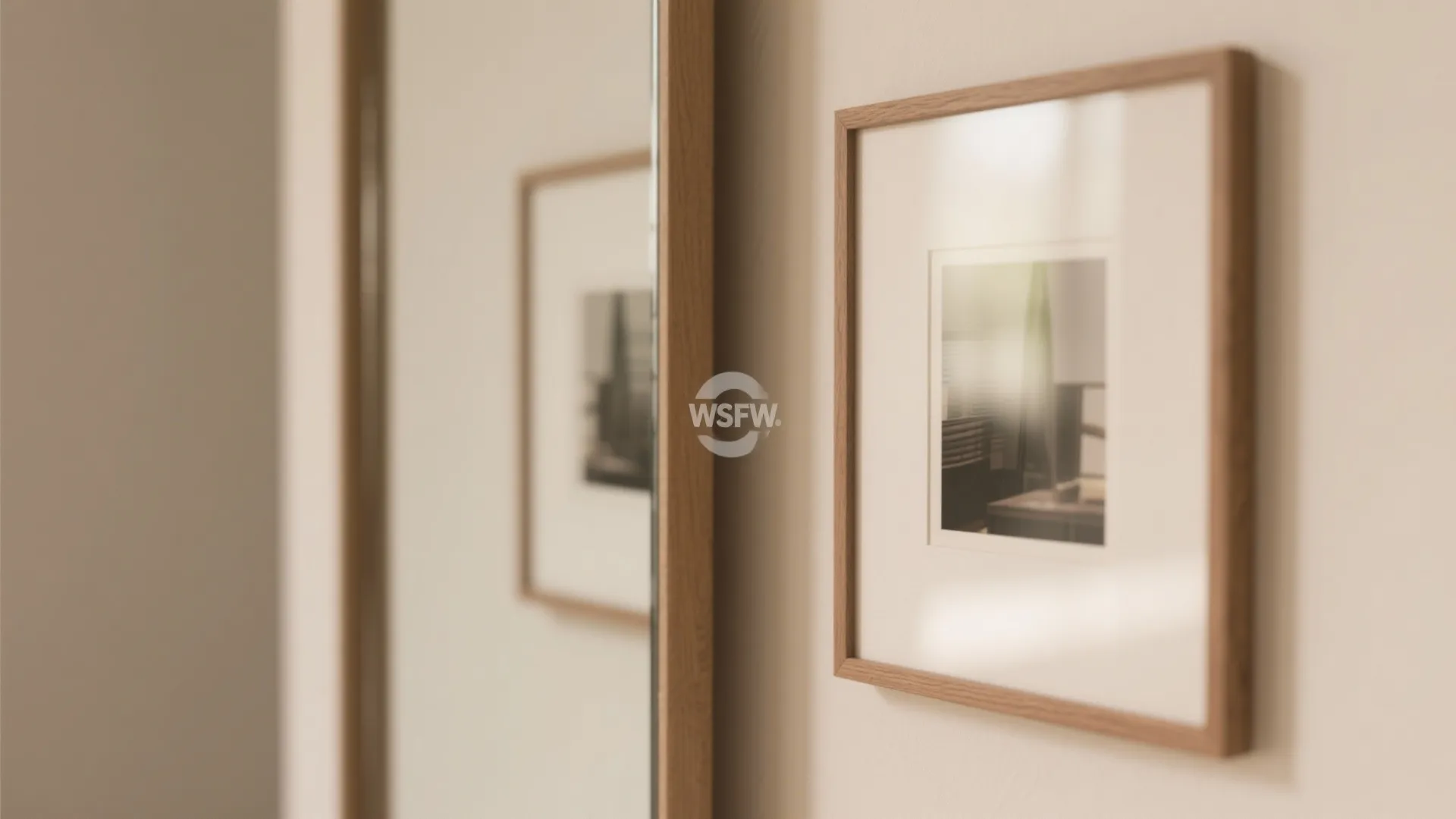 Close up of a wooden framed picture hanging on a wall next to a large mirror