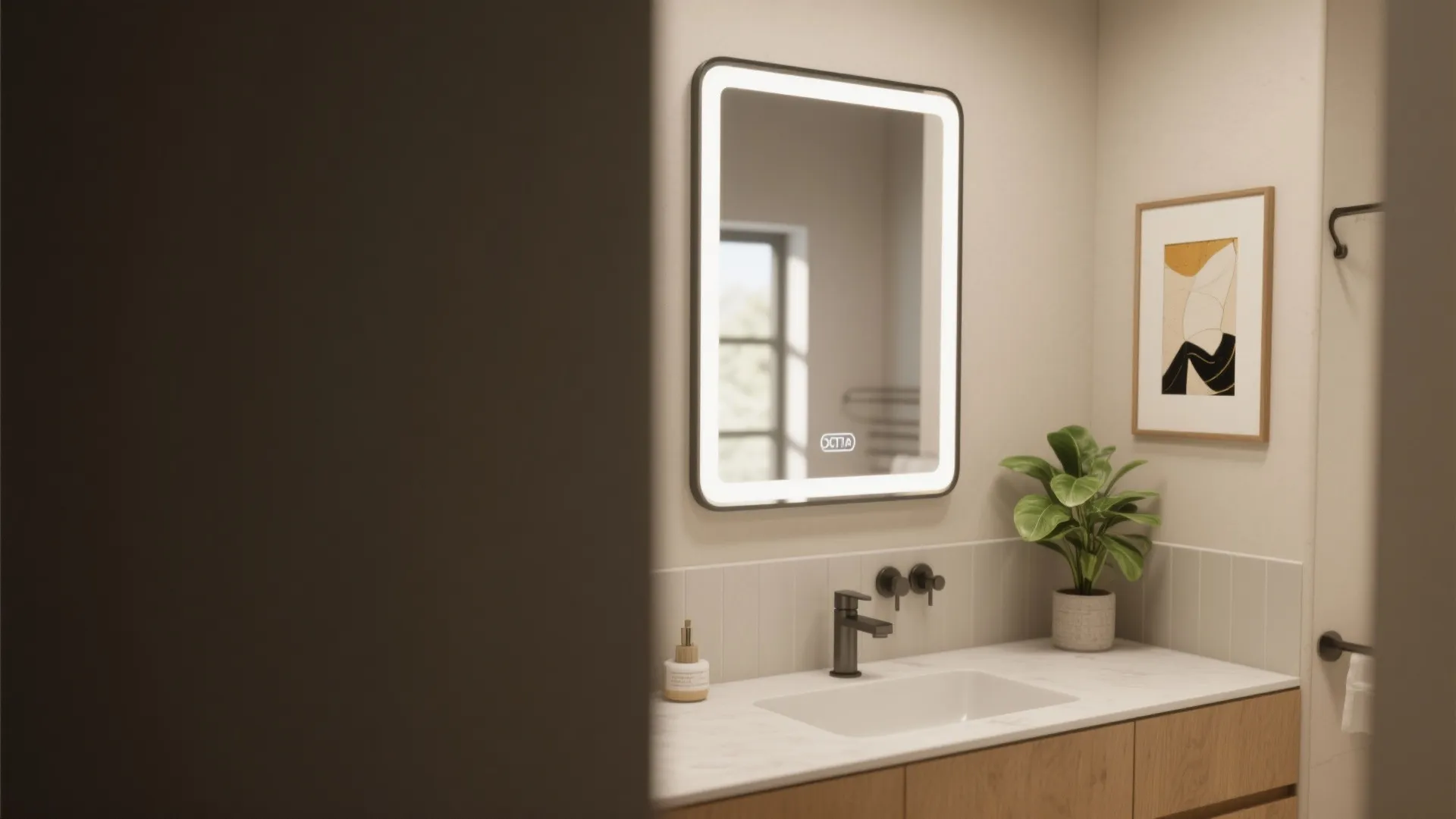 Bathroom interior with lighted mirror over white sink and small green plant on wood cabinet