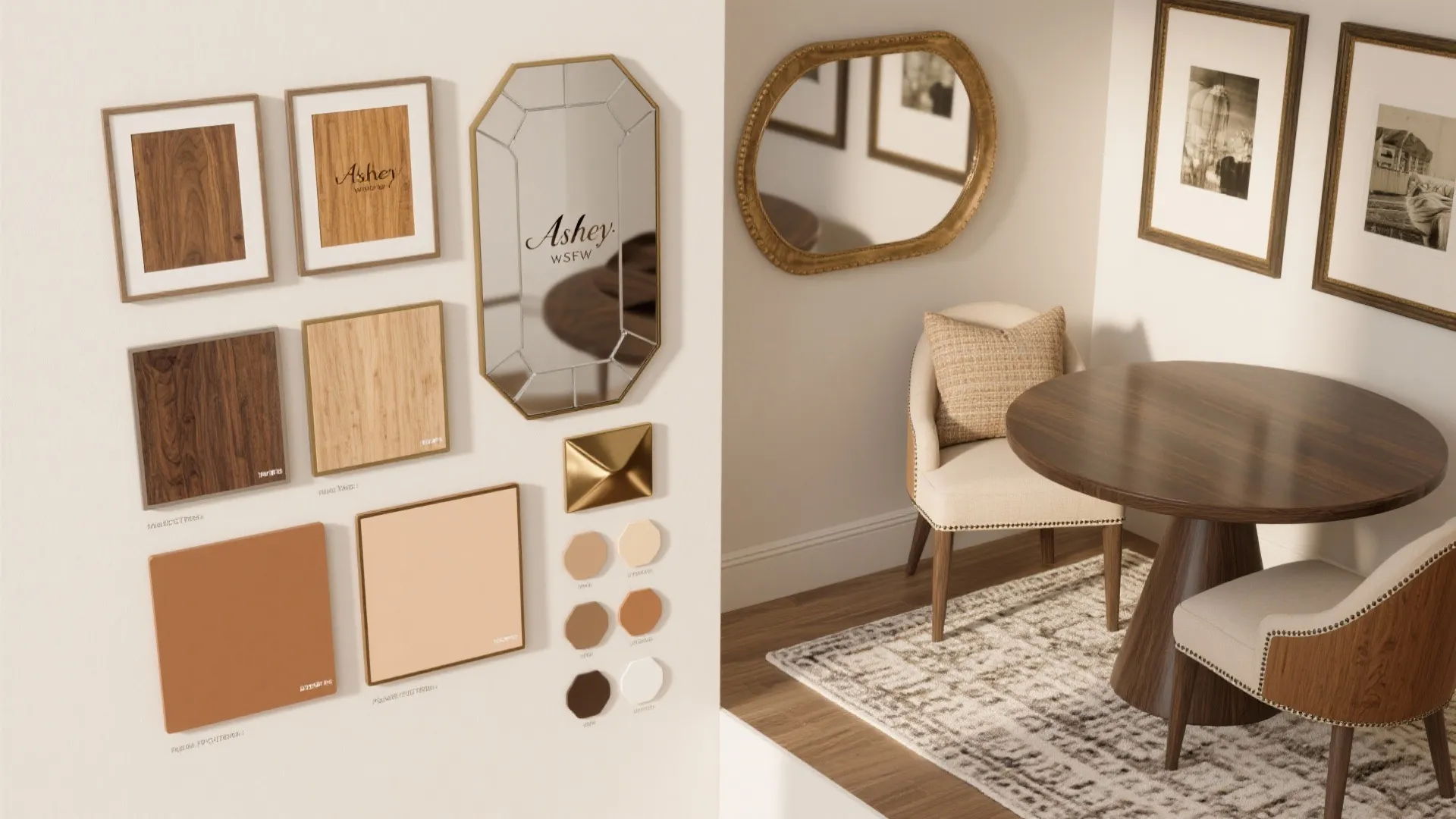 Interior design drawing featuring wood material samples beside a round table with beige dining chairs
