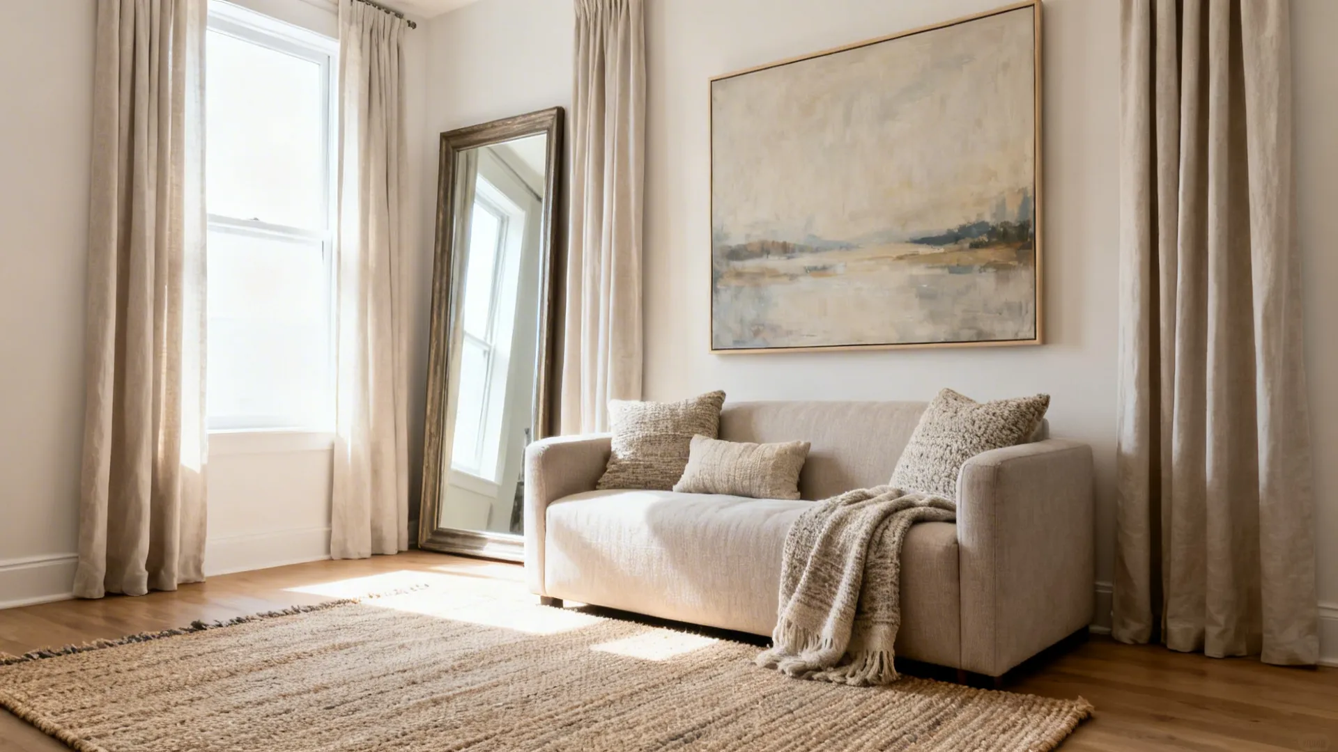 Small living room with a tall mirror, one oversized artwork, and a flatweave rug for airy depth.