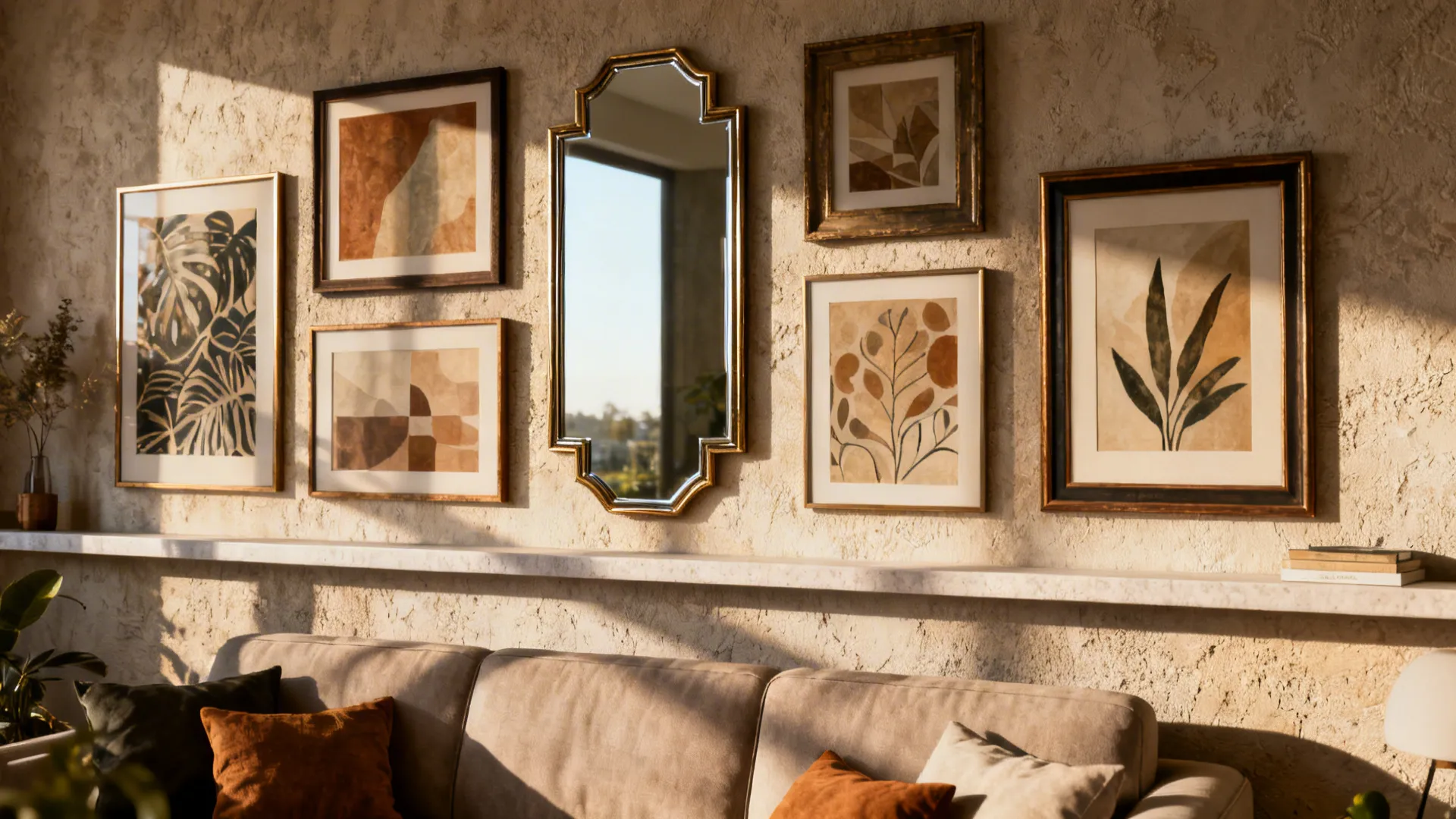 Curated gallery wall mixing a rectangular mirror with framed artwork above a sofa