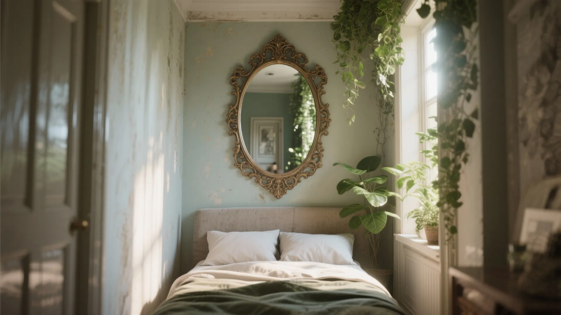 Decorative framed mirror used as art in a small bedroom, reflecting light and enlarging the room.