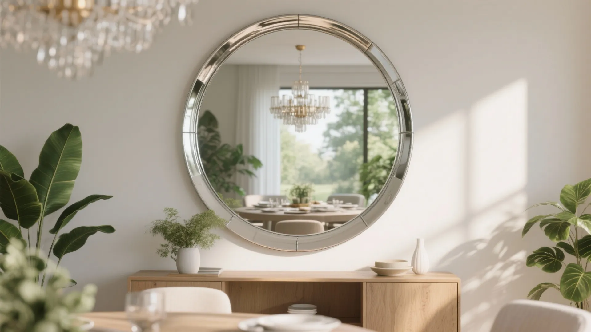 Oversized mirror above a dining console reflecting daylight and greenery to open the room.