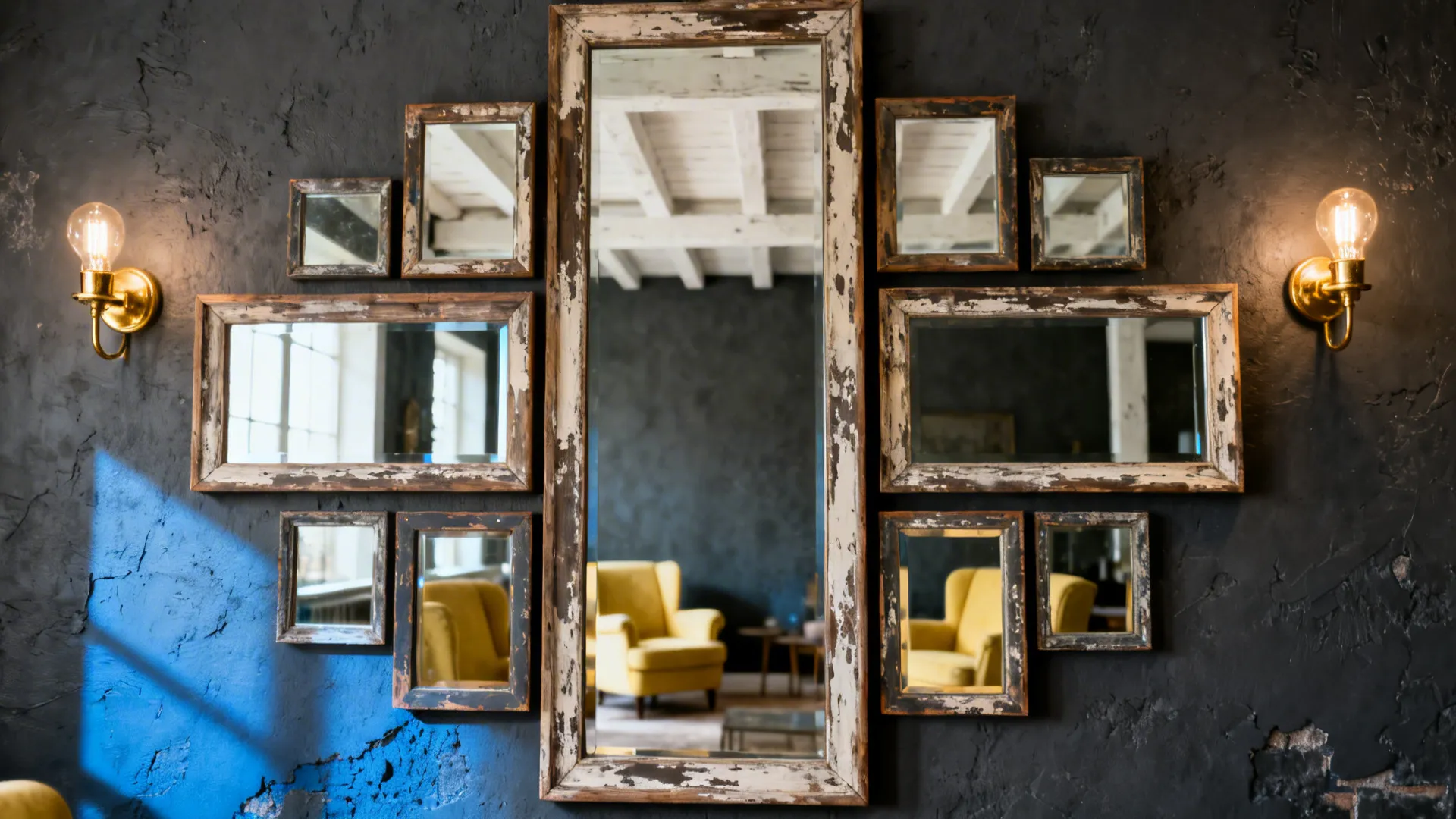 Cluster of mismatched mirrors with distressed trims brightening a narrow farmhouse living room.
