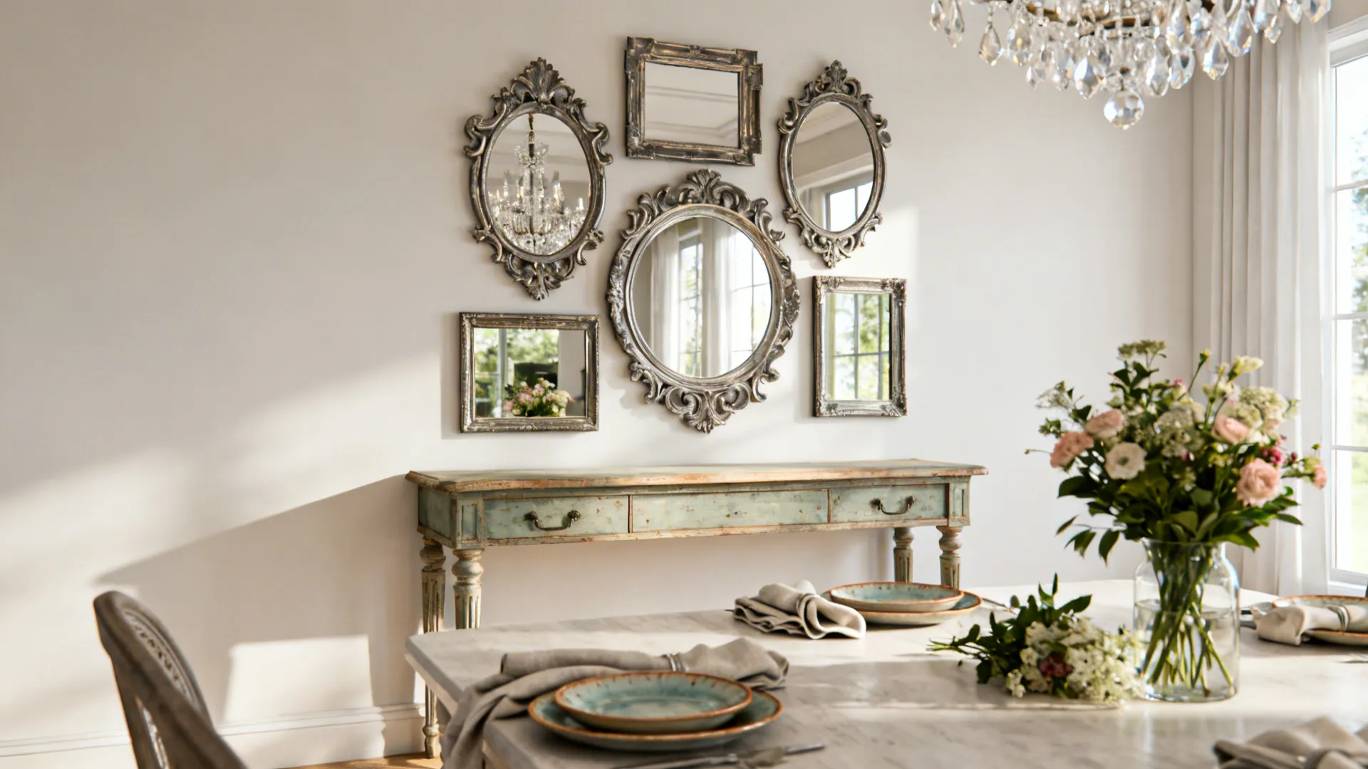 Cluster of vintage mirrors above a console reflecting a chandelier and daylight in a dining room.