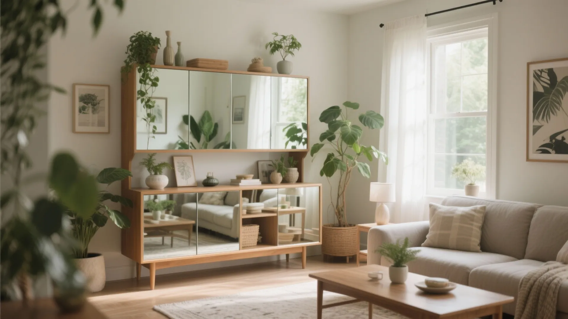 Mirrored-back hutch reflecting light and space in living room